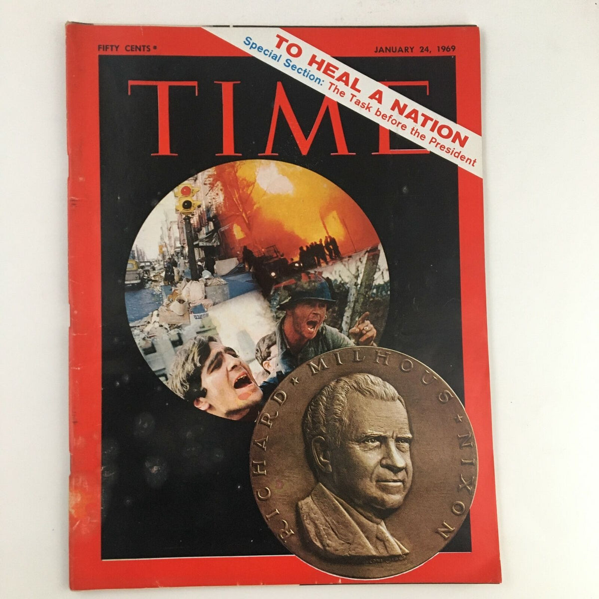 Time Magazine January 24 1969 featuring Richard Milhous Nixon on the cover with a collage of historical events and a special section titled 'To Heal a Nation'.