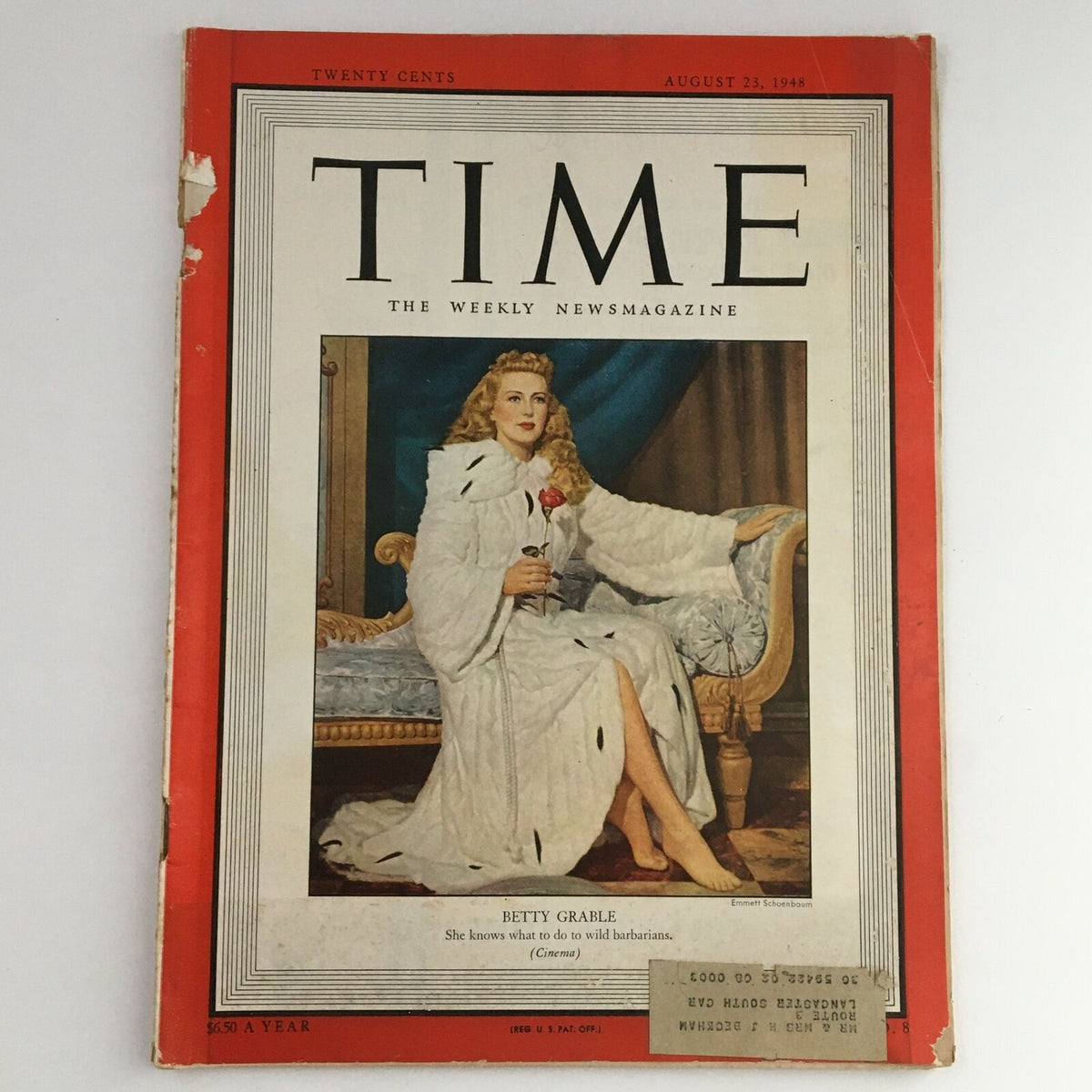 Time Magazine August 23 1948 cover featuring American actress Betty Grable in a glamorous pose, showcasing vintage artwork and nostalgic appeal.
