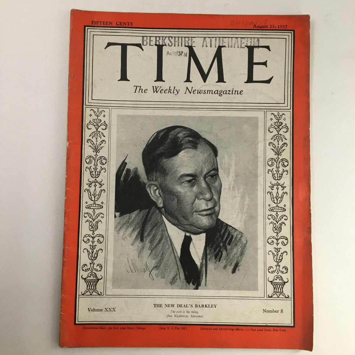 Time Magazine August 23 1937 featuring a portrait of American lawyer Alben W. Barkley, Volume 30, Number 8, showcasing historical content.