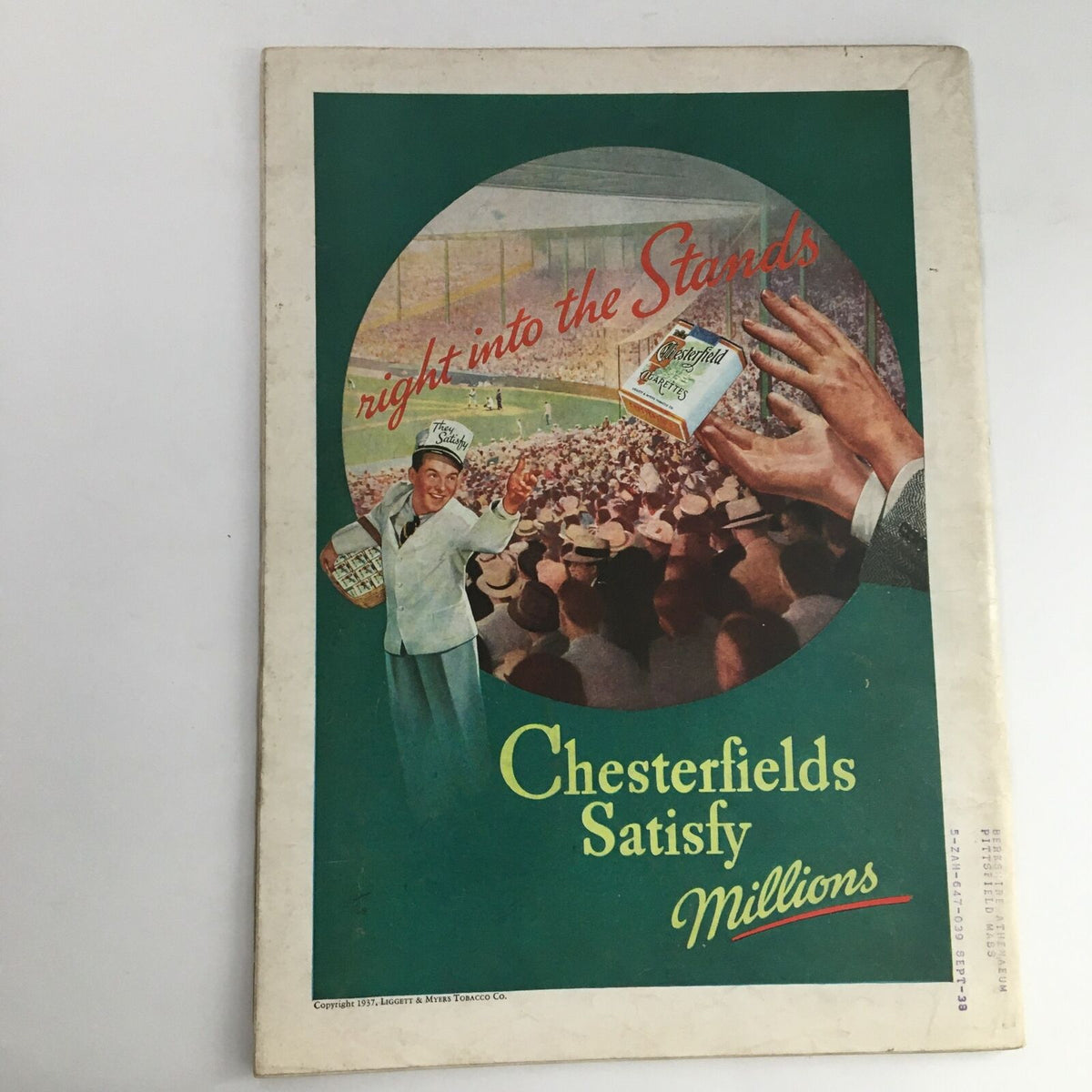 Time Magazine from August 23, 1937, featuring Chesterfield advertisement showcasing a vendor at a baseball game, illustration includes crowds enjoying the sport, conveying a sense of American culture and leisure during the 1930s.