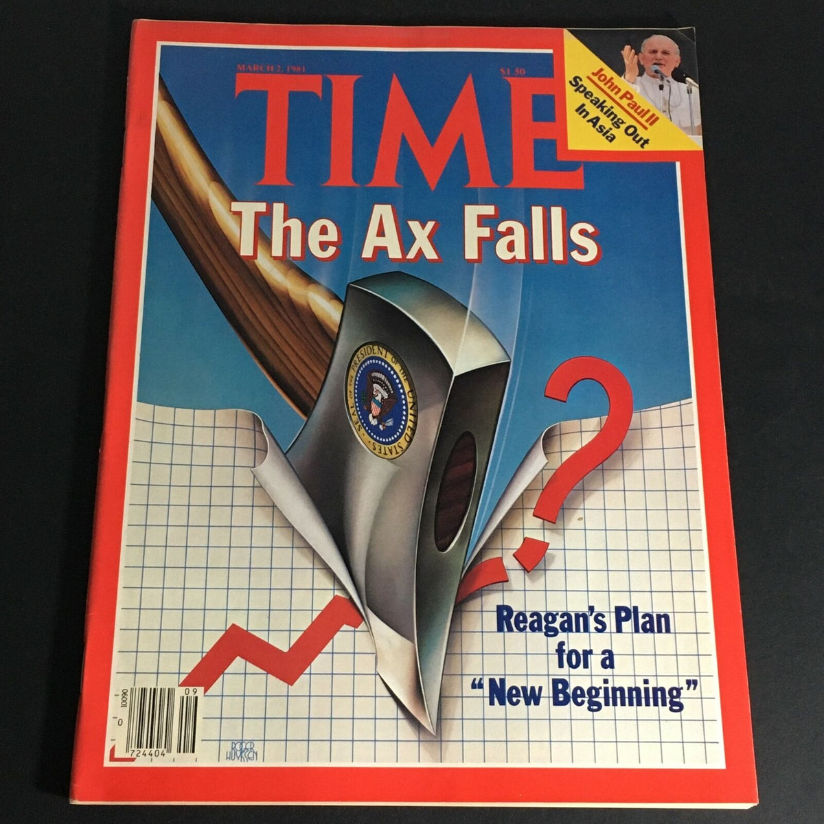 Vintage Time Magazine cover from March 2, 1981, featuring the title 'The Ax Falls', highlighting Ronald Reagan's plan for a 'New Beginning' with a distinctive graphic design.