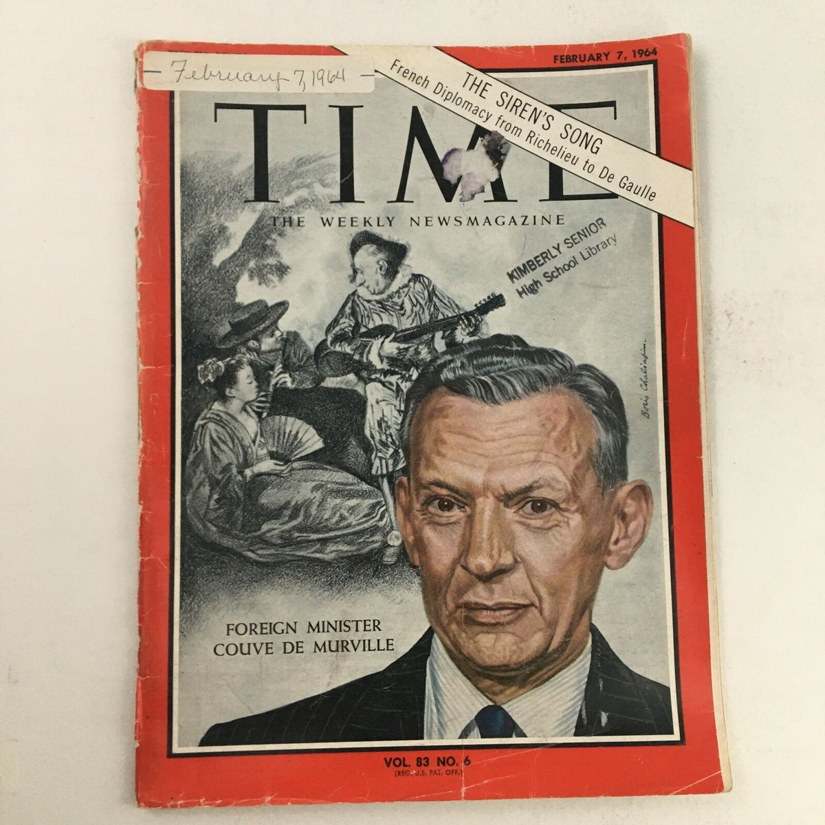 Time Magazine February 7 1964 cover featuring Foreign Minister Couve De Murville, showcasing a portrait of the minister alongside artistic elements from the publication.