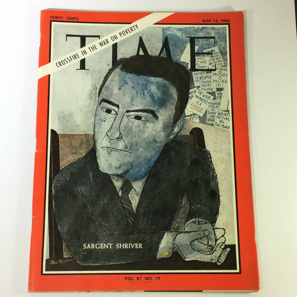 VTG Time Magazine cover from May 13, 1966, featuring American politician Sargent Shriver, highlighting the theme 'Crossfire in the War on Poverty'.