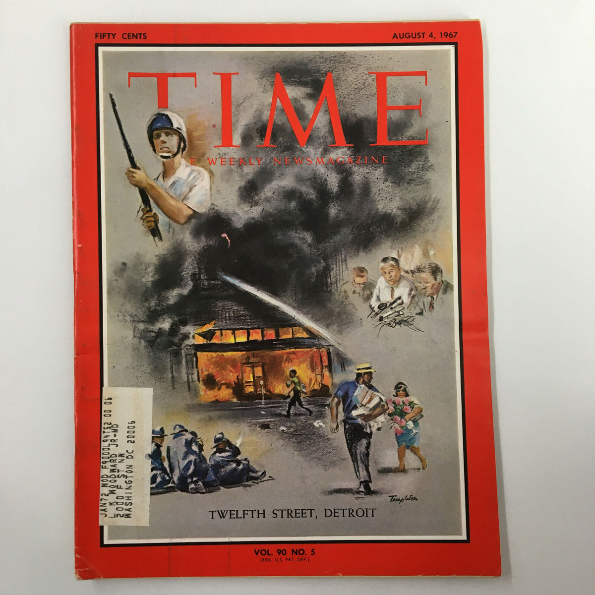 Cover of Time Magazine dated August 4, 1967, Volume 90, Number 5, featuring the headline 'Twelfth Street, Detroit' with an illustration depicting significant events in Detroit, including firefighters and civilians, reflecting the cultural and social context of the 1960s.