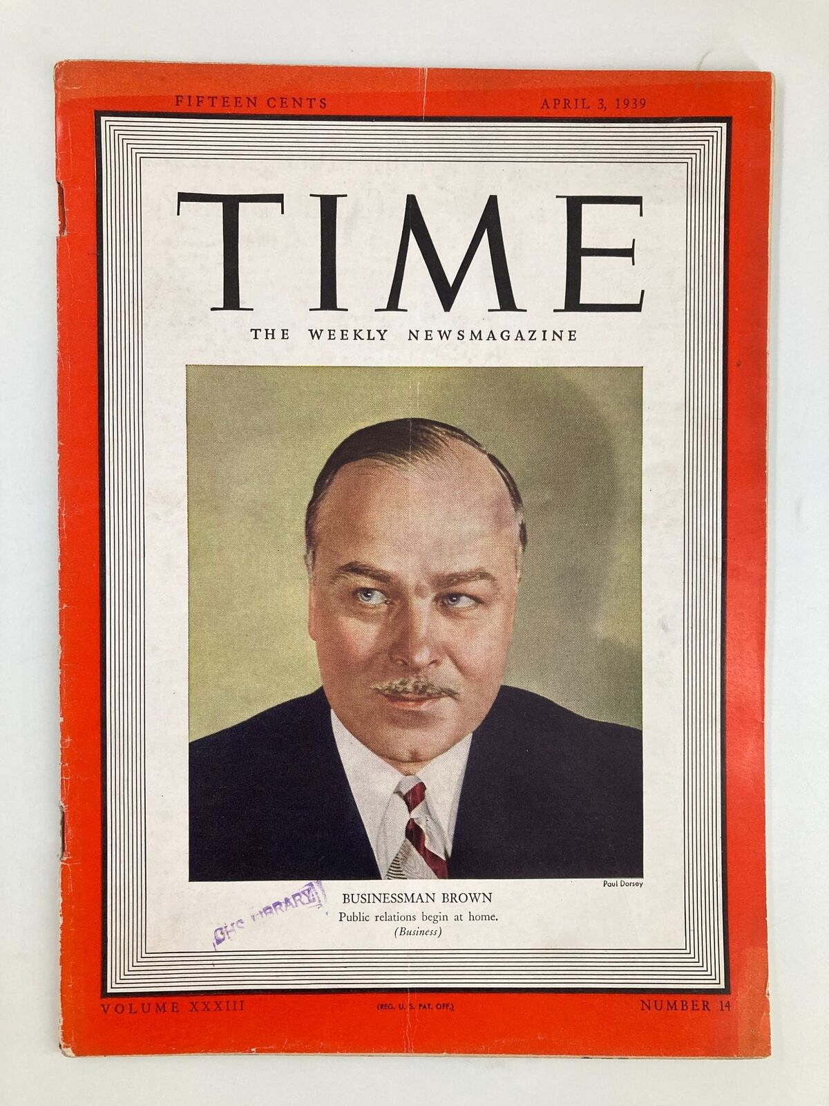 VTG Time Magazine April 3 1939 Vol 33 No. 14 featuring businessman Gordon Brown on the cover, showcasing a historical portrait and classic Time Magazine design.