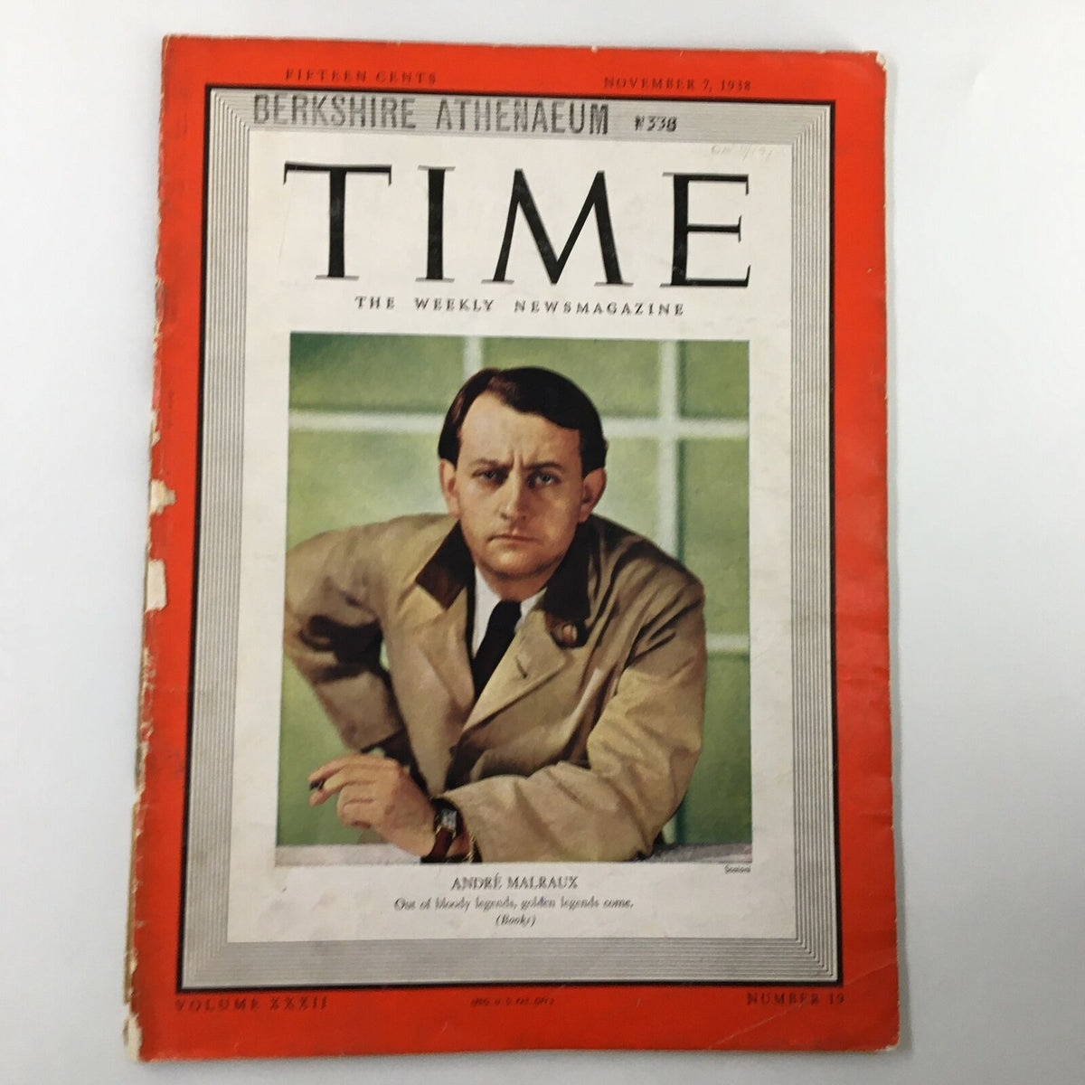 Cover of VTG Time Magazine November 7 1938 Vol. 32 No. 19 featuring a portrait of Andre Malraux, showcasing the magazine's vibrant colors and historical significance.