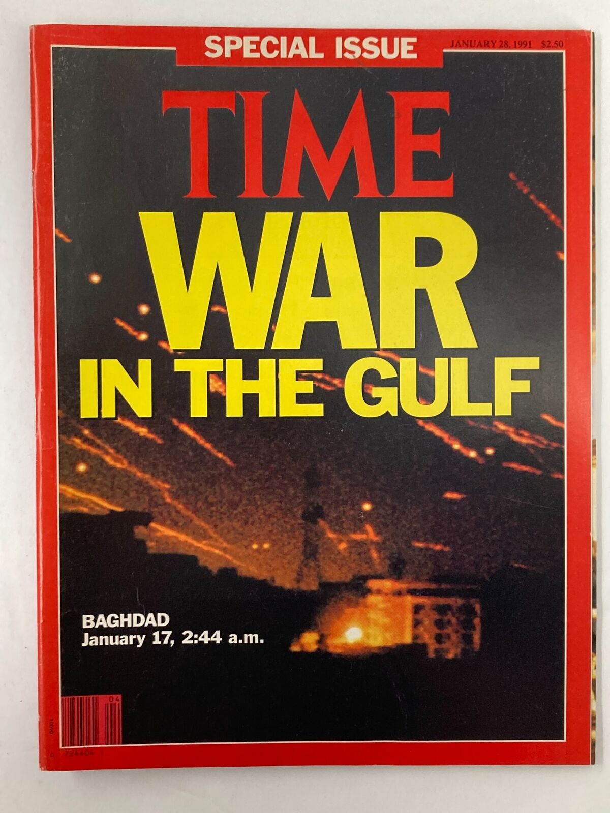 Time Magazine January 28 1991 cover featuring the headline 'WAR IN THE GULF' with a dramatic image of Baghdad under attack, illustrating the conflict that escalated on January 17.