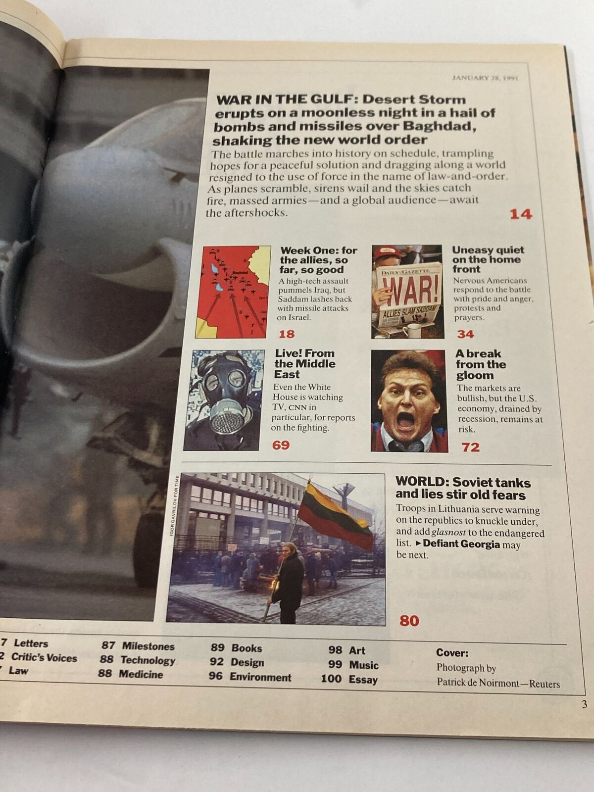 Inside page of Time Magazine January 28 1991, highlighting the article 'WAR IN THE GULF' along with features on international affairs, including maps and stories related to the conflict.