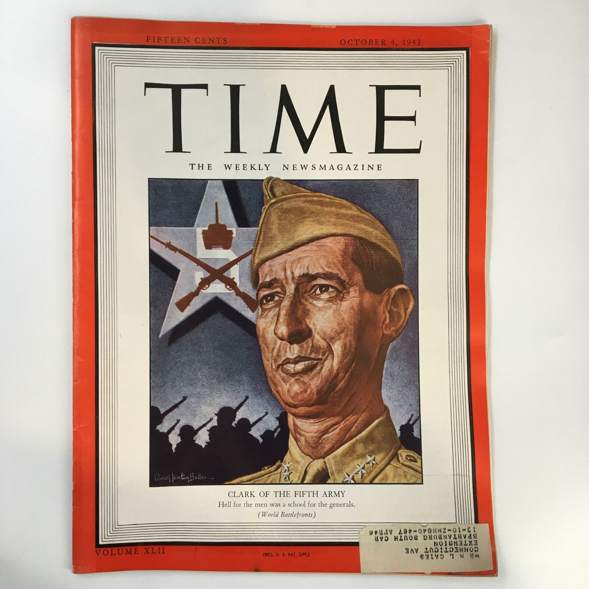 Vintage Time Magazine from October 4, 1943, featuring General Mark W. Clark of the Fifth Army on the cover. This historical publication showcases the wartime edition, Volume 42 No. 14, with a striking portrait of Clark and background graphics symbolizing military themes.
