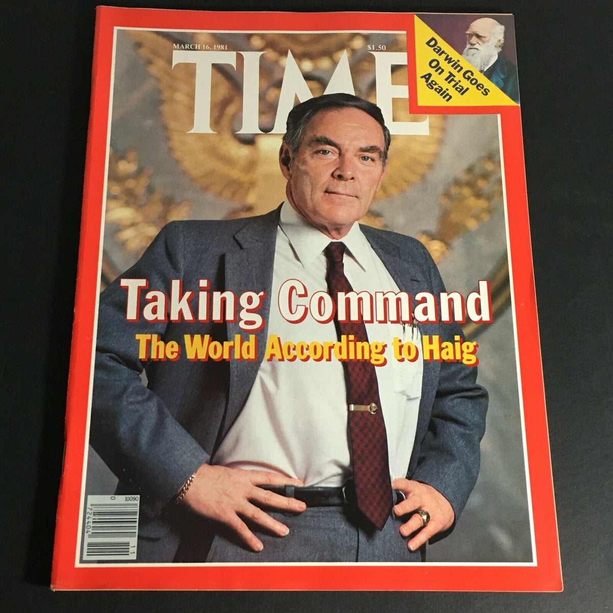 Vintage Time Magazine, March 16, 1981, featuring U.S. Secretary of State Alexander Haig on the cover, highlighting the theme 'Taking Command: The World According to Haig', in excellent condition, collectible item.
