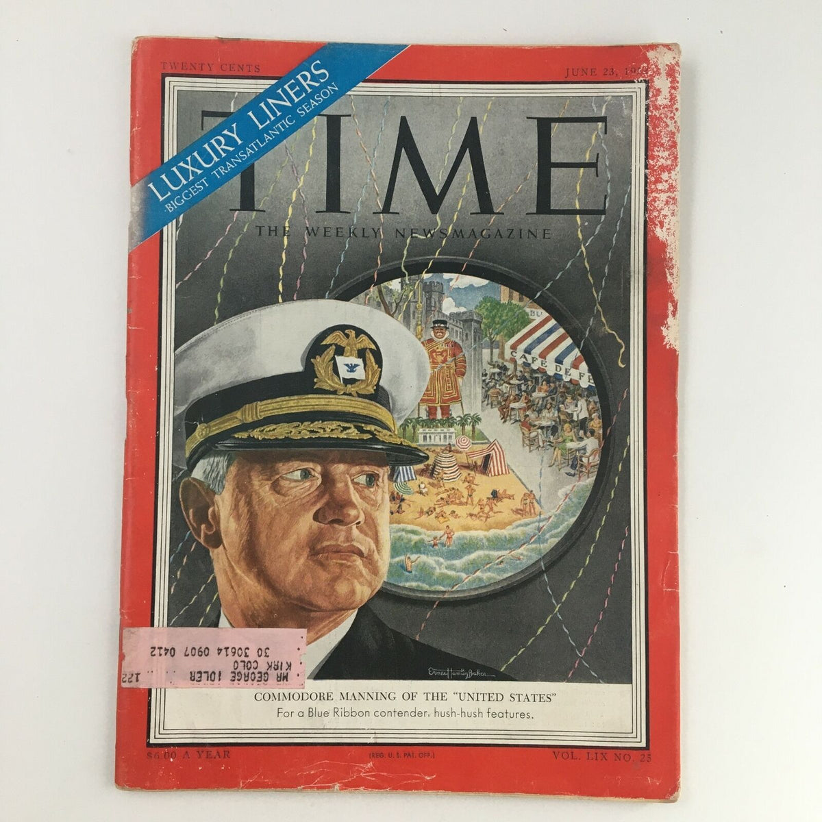 Cover of Time Magazine dated June 23, 1952, featuring Commodore Vice Admiral Harry Manning, showcasing early 1950s naval themes with vibrant illustrations.
