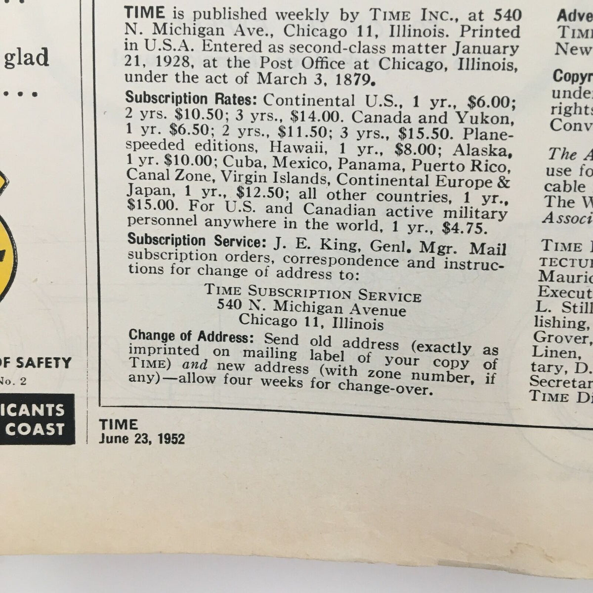 Inside page of Time Magazine from June 23, 1952, detailing subscription information and publication history, illustrating the magazine's vintage appeal.