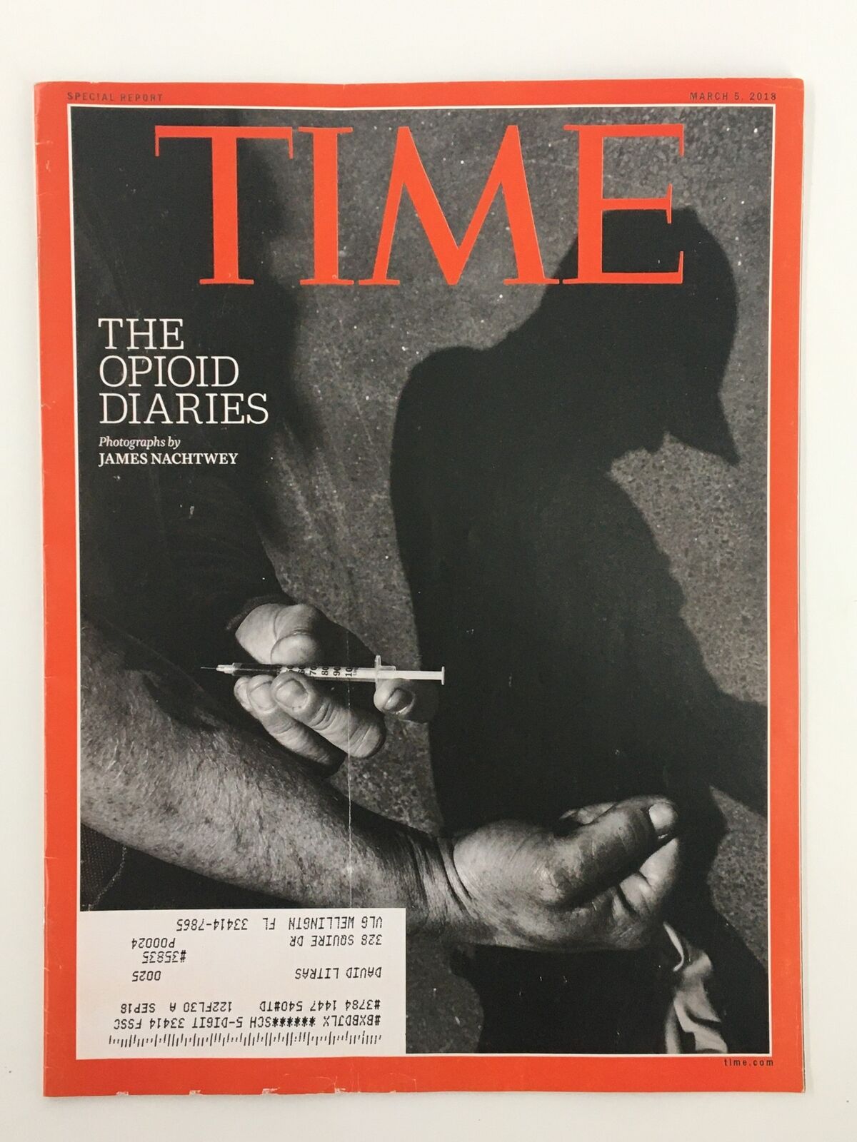 Time Magazine March 5, 2018, featuring the cover of 'The Opioid Diaries' with a powerful photograph capturing the struggle of addiction, photographed by James Nachtwey.