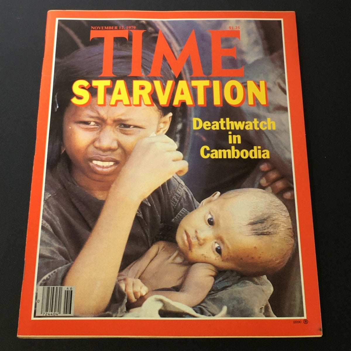 VTG Time Magazine November 12 1979 cover featuring the title 'Starvation Deathwatch in Cambodia', depicting a child in distress alongside another child, highlighting the humanitarian crisis in Cambodia during the famine.