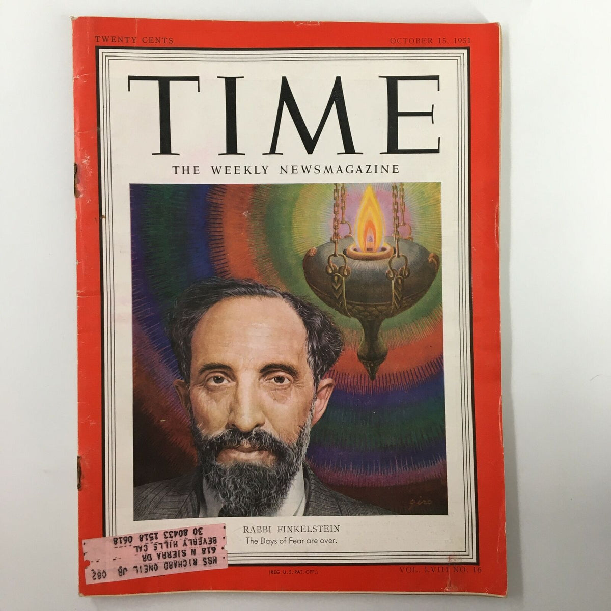 VTG Time Magazine October 15 1951 Vol. 58 No. 16 featuring Rabbi Louis Finkelstein on the cover, showcasing a vibrant background with a lighted lamp.