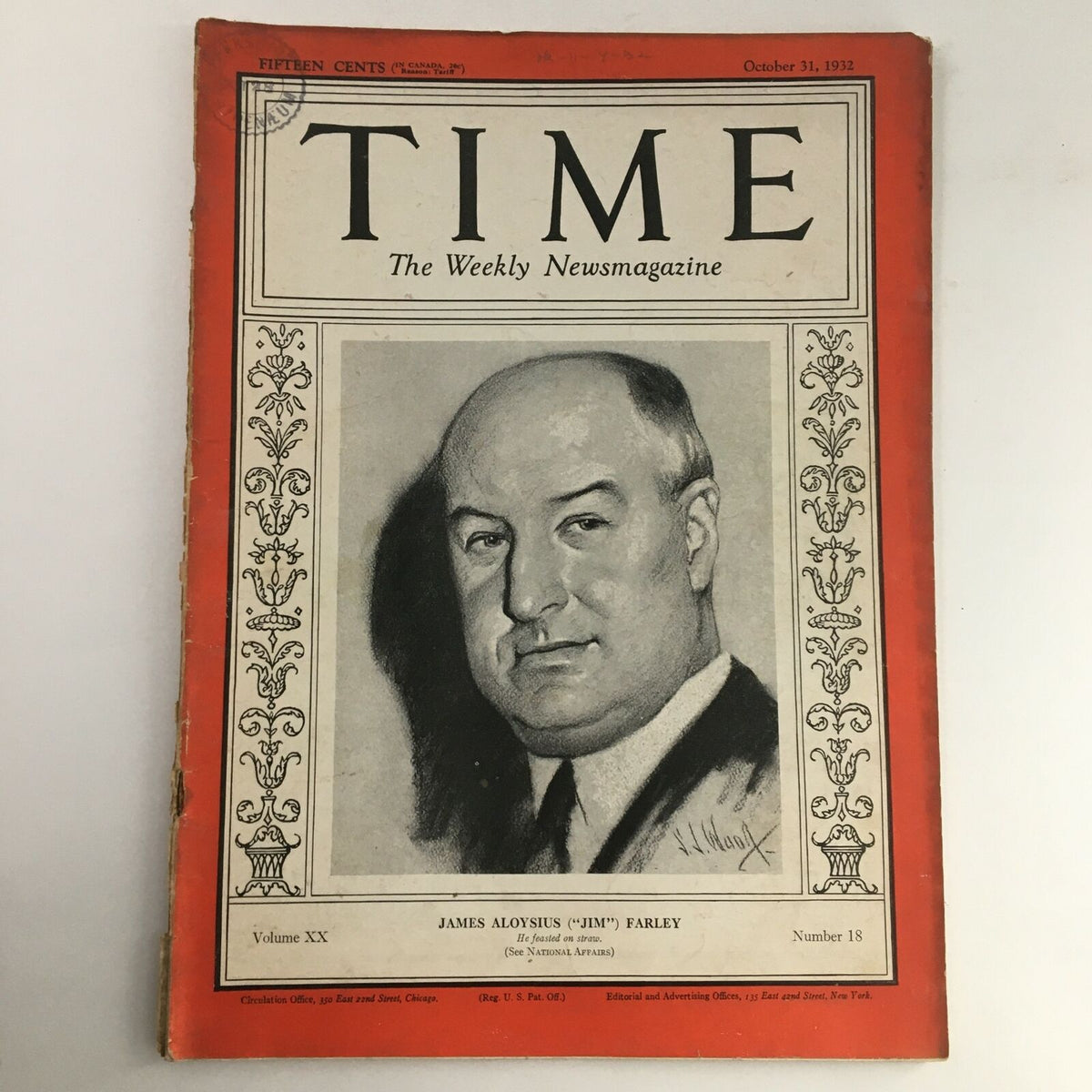 Cover of Time Magazine dated October 31, 1932, featuring James Aloysius 'Jim' Farley. This vintage magazine cover highlights Farley's portrait against a bold red background, indicative of the publication's classic style.