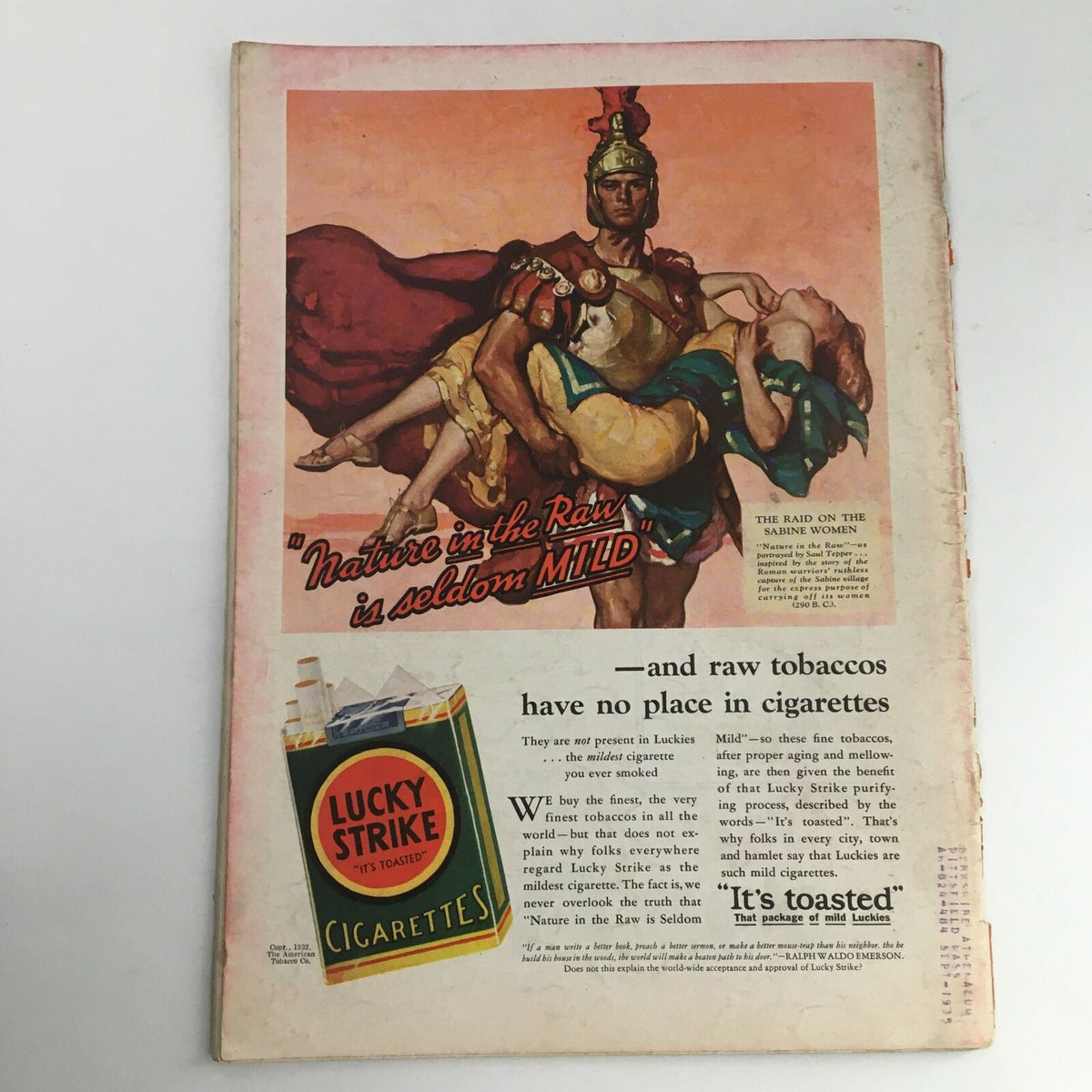 Back cover of Time Magazine from October 31, 1932, showcasing an advertisement for Lucky Strike cigarettes. The colorful illustration features a muscular figure, reflecting the advertising style of the early 1930s.