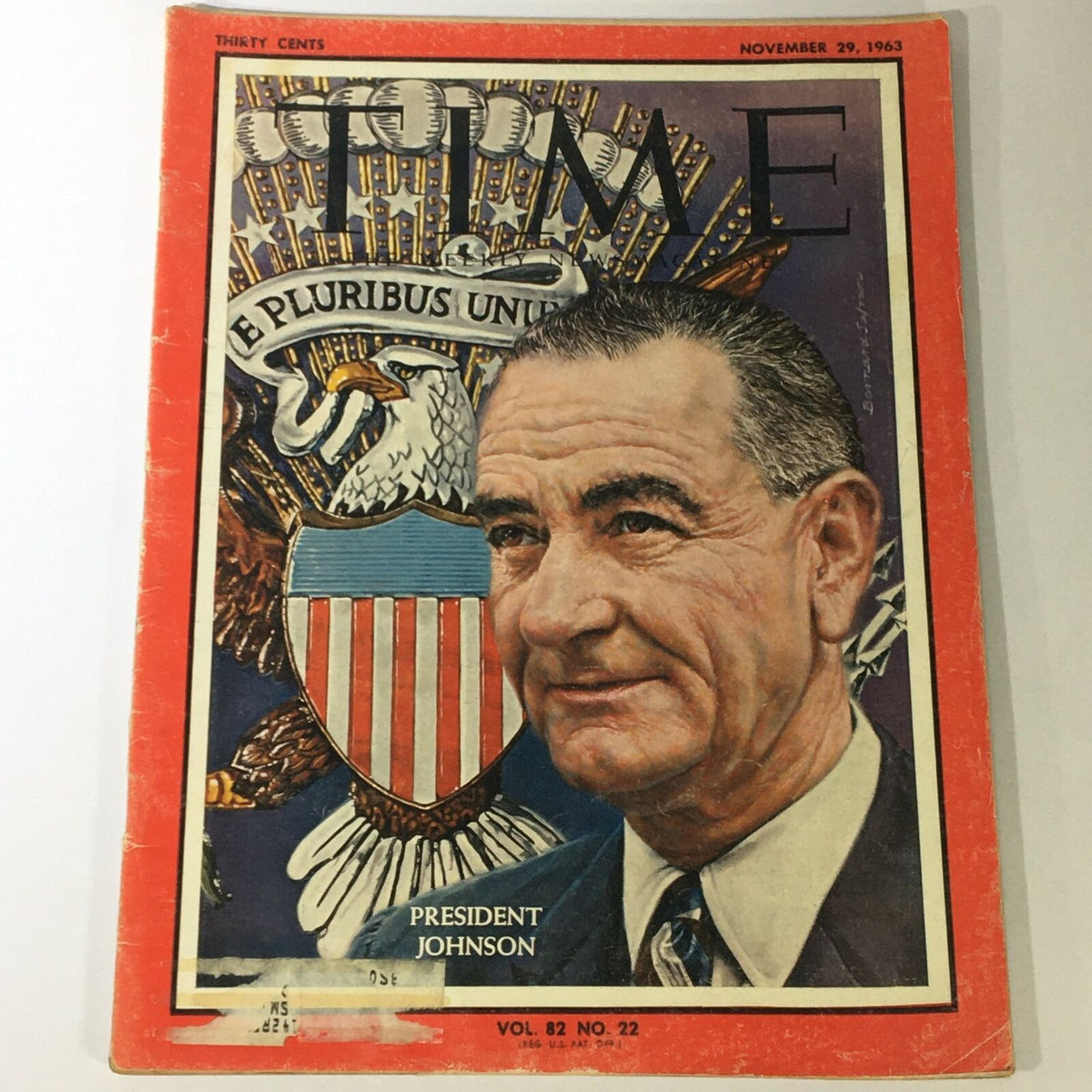 VTG Time Magazine November 29 1963 featuring U.S. President Lyndon B. Johnson on the cover, Volume 82, Number 22, showcasing historical artwork and design related to the 1960s.