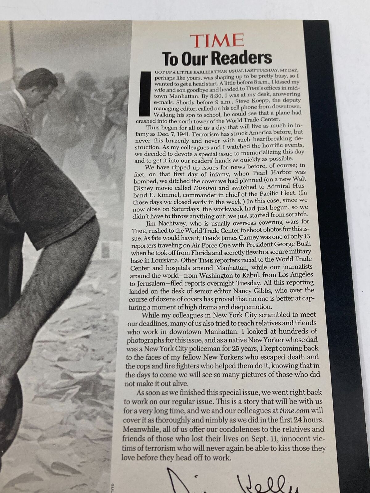 Time Magazine September 11 2001 The Twin Tower Attack 9-11 - An open page from Time Magazine featuring a message to readers about the events of September 11, 2001.