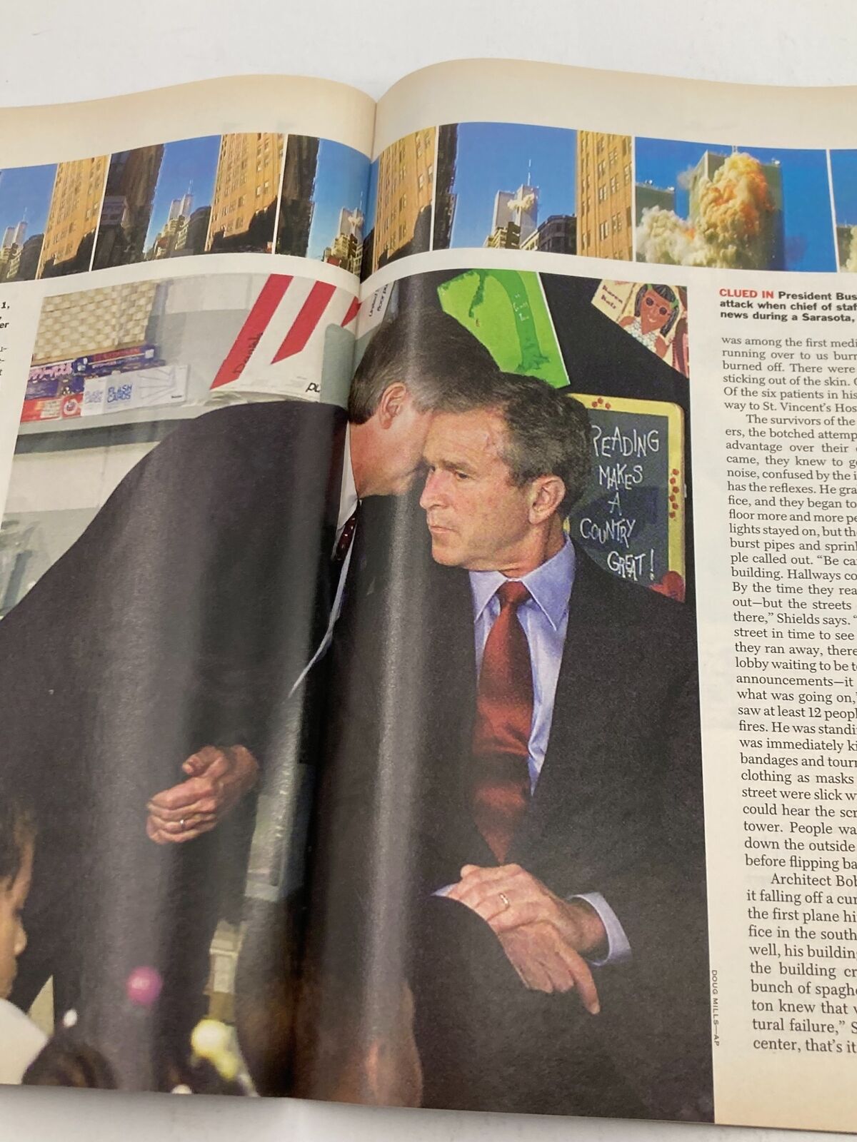 President George W. Bush during a visit to a classroom, moments prior to the September 11 attacks, captured in Time Magazine September 11 2001 The Twin Tower Attack 9-11.