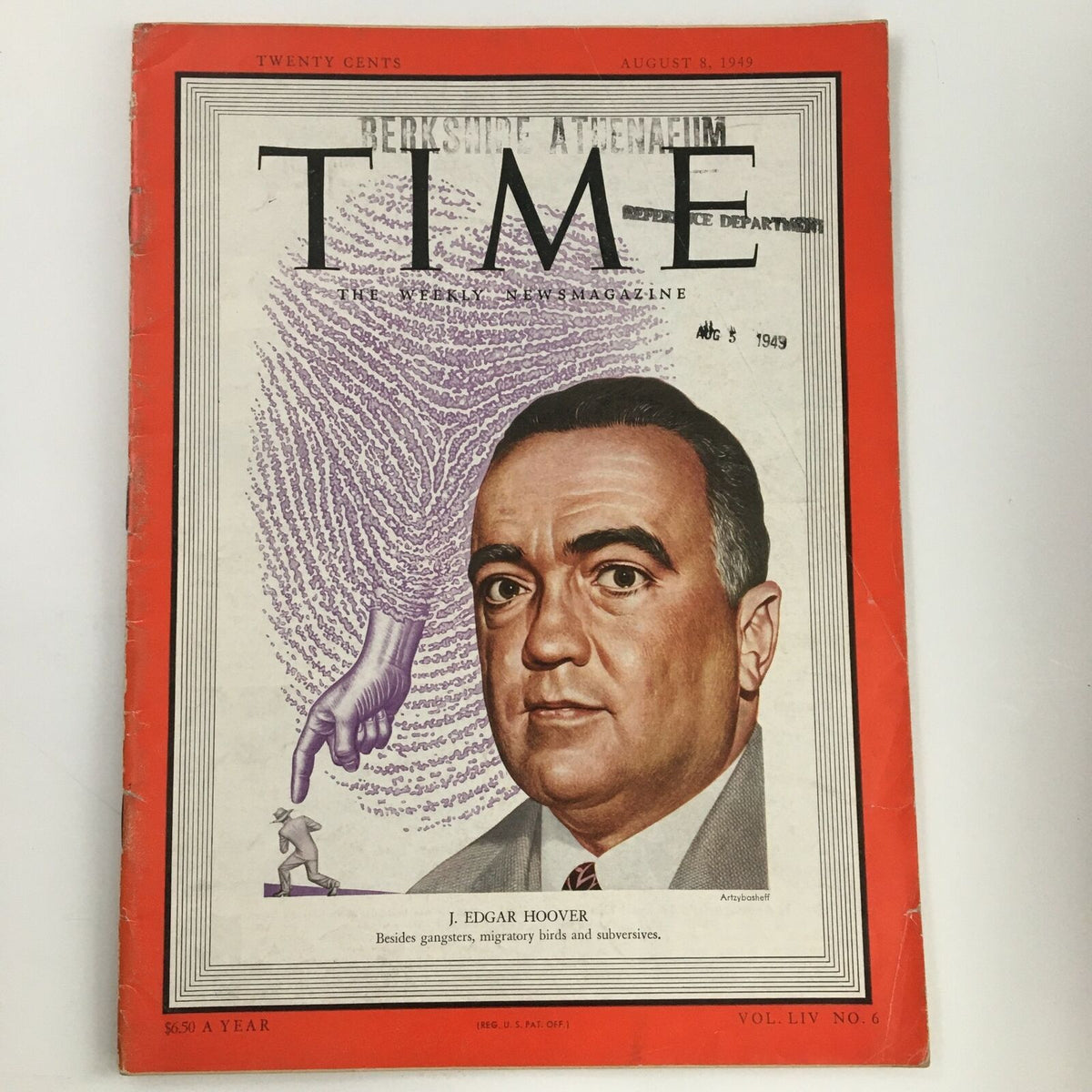 Time Magazine August 8 1949 Vol 54 #6 featuring J. Edgar Hoover on the cover, highlighting themes of law enforcement and civil rights in post-war America.