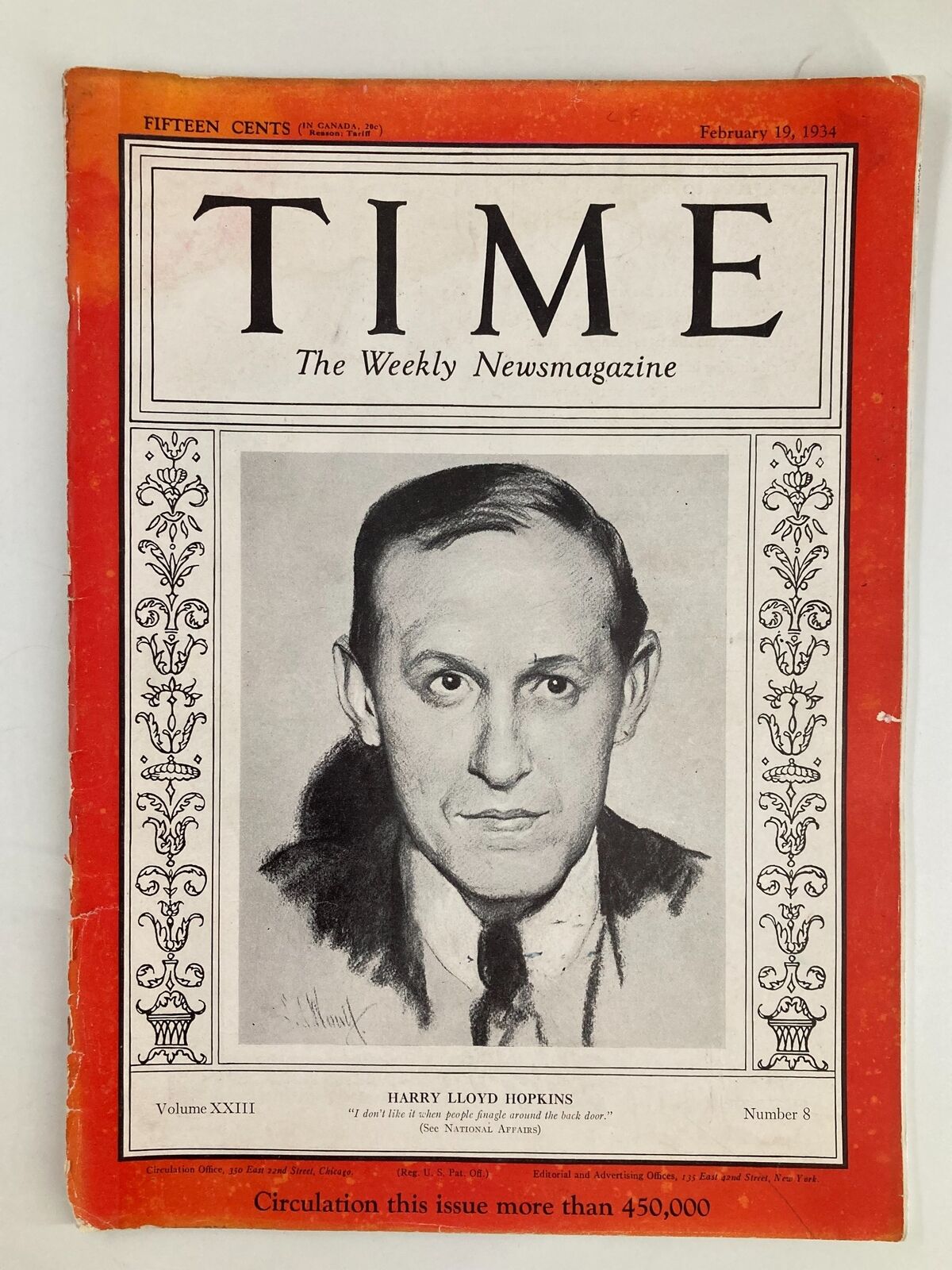 Vintage Time Magazine from February 19, 1934, Volume 23, Issue 8 featuring Harry Lloyd Hopkins on the cover.