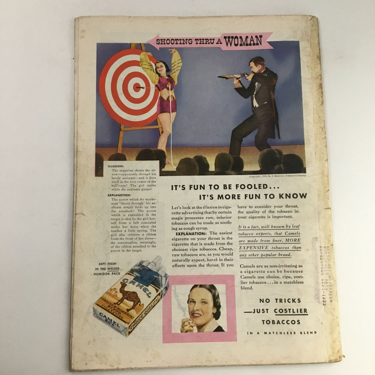 Back cover of Time Magazine from April 24, 1933, showcasing an advertisement with a colorful illustration of a magician and a cigarette pack. This vintage magazine includes a captivating design that reflects the advertising style of the era.