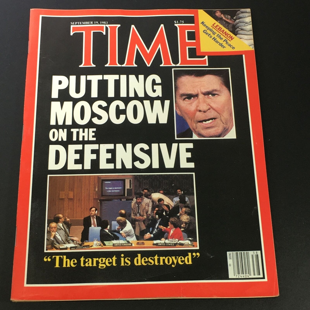 Vintage Time Magazine from September 19, 1983, titled 'Putting Moscow on the Defensive' featuring an image of Ronald Reagan and a photo depicting a geopolitical meeting.