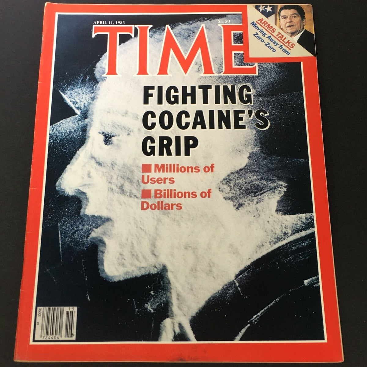 Vintage Time Magazine cover dated April 11, 1983, featuring the title 'Fighting Cocaine's Grip' with a depiction of a face and text highlighting 'Millions of Users' and 'Billions of Dollars'.