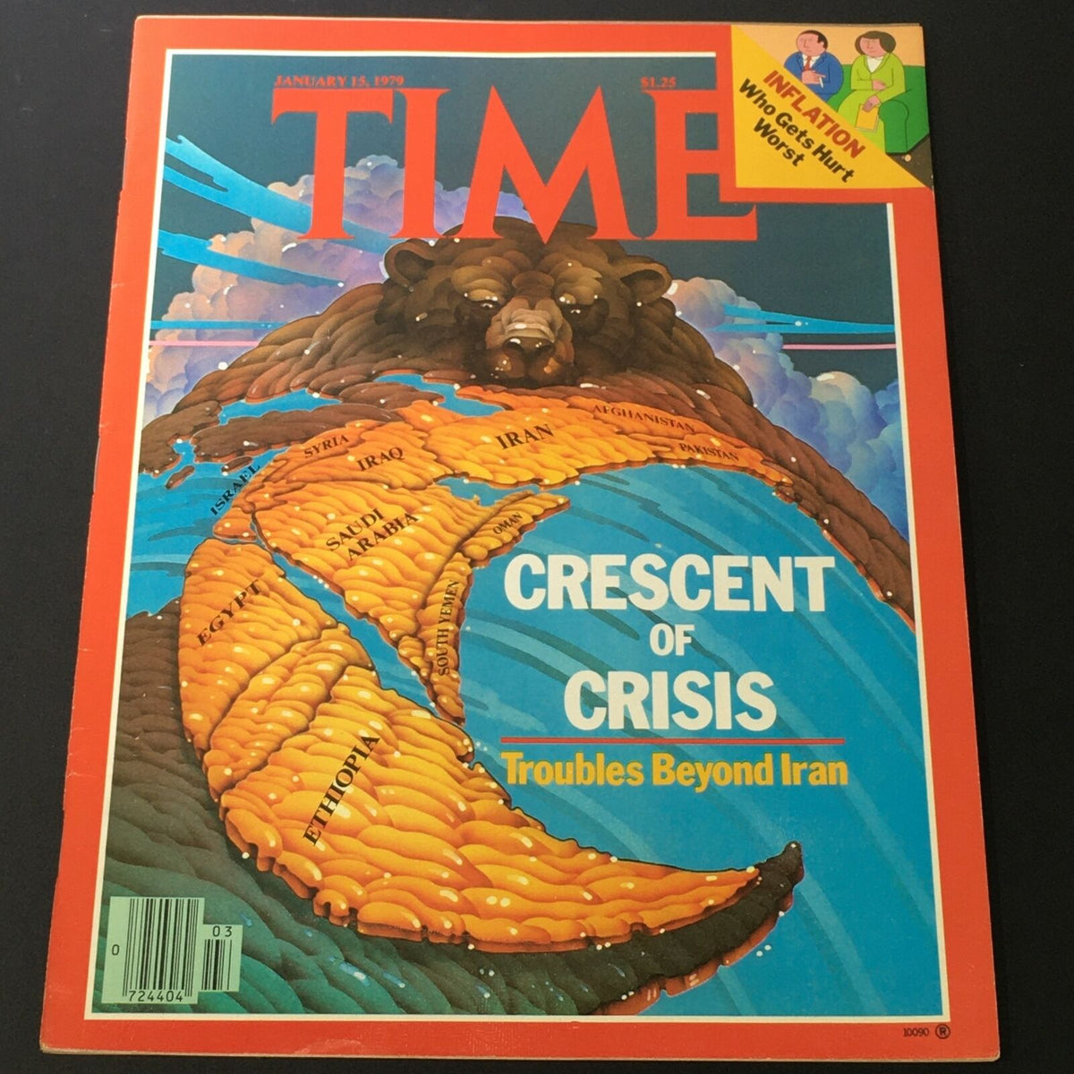 Cover of VTG Time Magazine January 15 1979 featuring the headline 'Crescent of Crisis: Troubles Beyond Iran' with a colorful illustration depicting the Middle East.