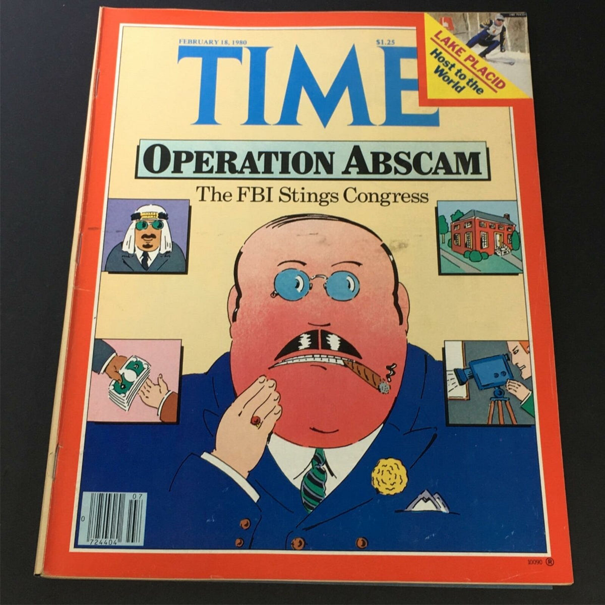 Front cover of VTG Time Magazine February 18 1980 showcasing "Operation Abscam: The FBI Stings Congress" featuring caricatures related to the political scandal.