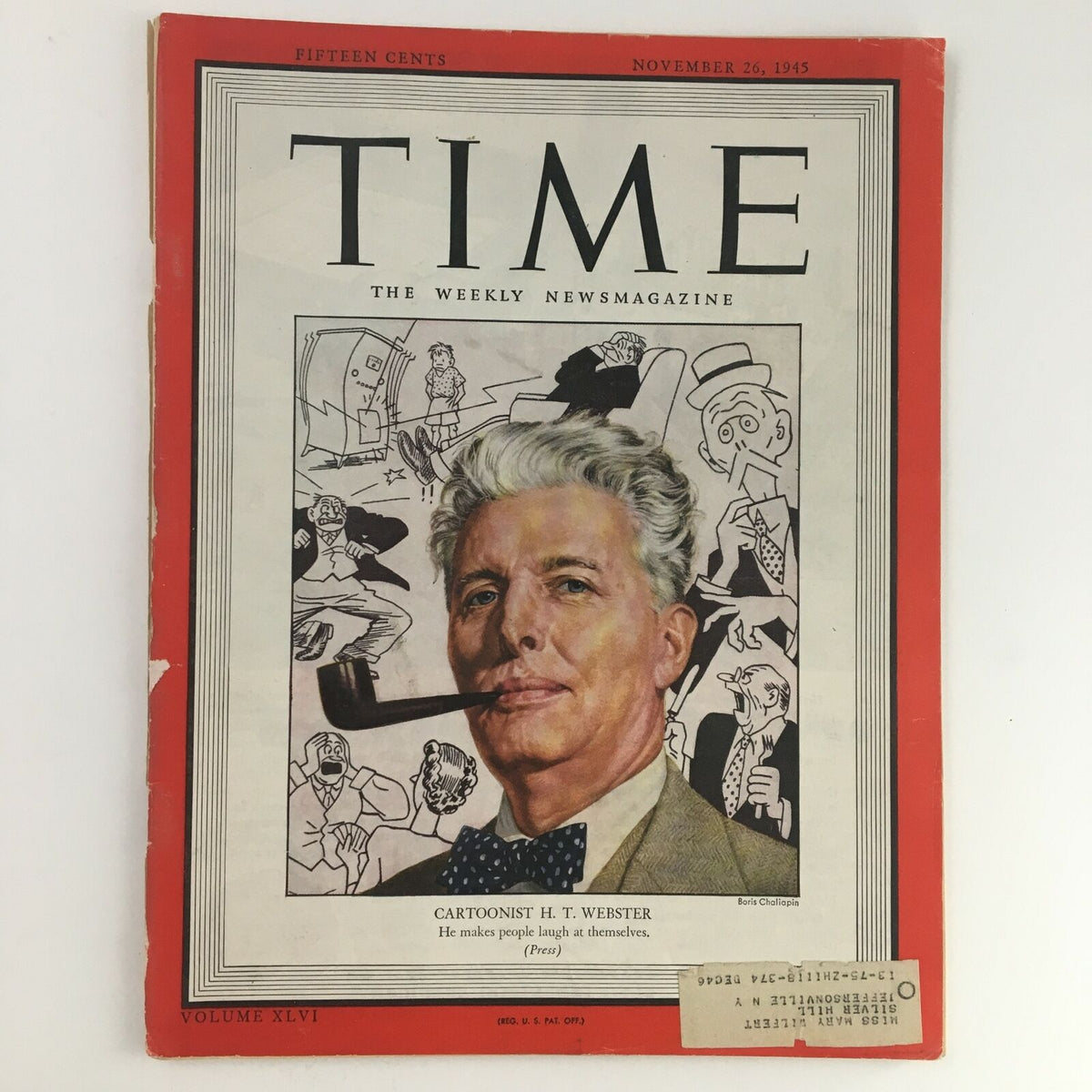 Time Magazine November 26 1945 featuring cover illustration of American cartoonist H. T. Webster, showcasing the post-war cultural commentary with humor and artistic flair.