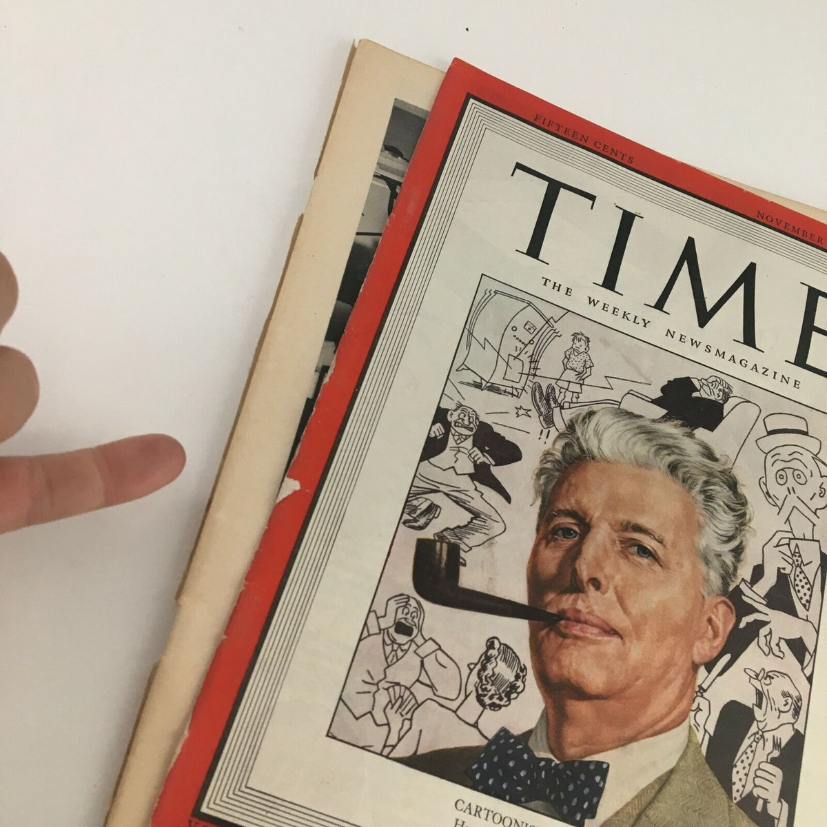 Close-up of Time Magazine November 26 1945 cover with H. T. Webster, highlighting unique vintage details and the artistic style of that era's editorial cartoons.