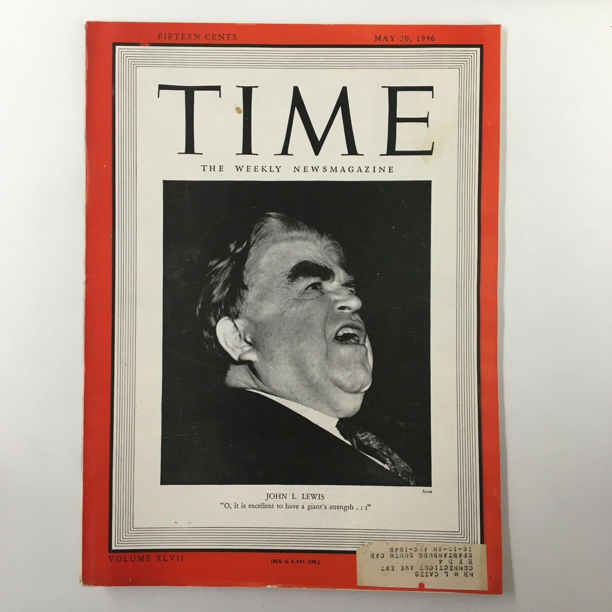 Time Magazine cover from May 20, 1946, featuring John L. Lewis, highlighting the theme of 'Giant's Strength'. Vintage collectible showcasing post-war America.