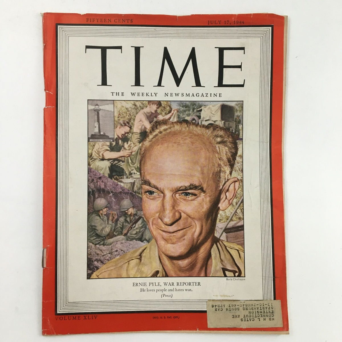 Cover of Time Magazine July 17 1944, featuring Ernie Pyle, a renowned war reporter, highlighting his contribution to journalism during World War II. The magazine showcases vivid imagery and an engaging design, capturing the essence of wartime America.