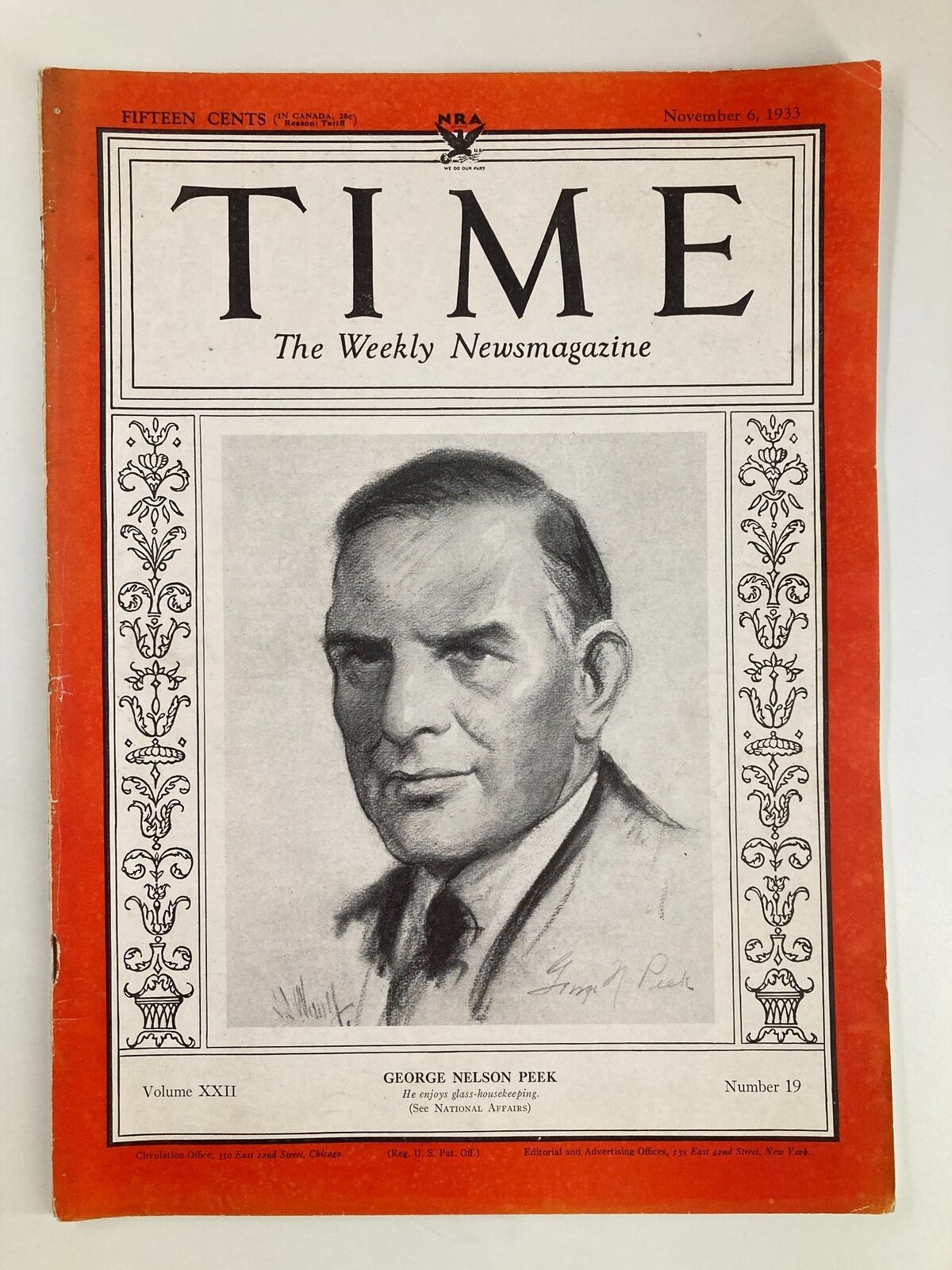 Cover of the VTG Time Magazine from November 6, 1933, Volume 22, Number 19, featuring a portrait of George Nelson Peek, showcasing historic content from a pivotal era in American history.