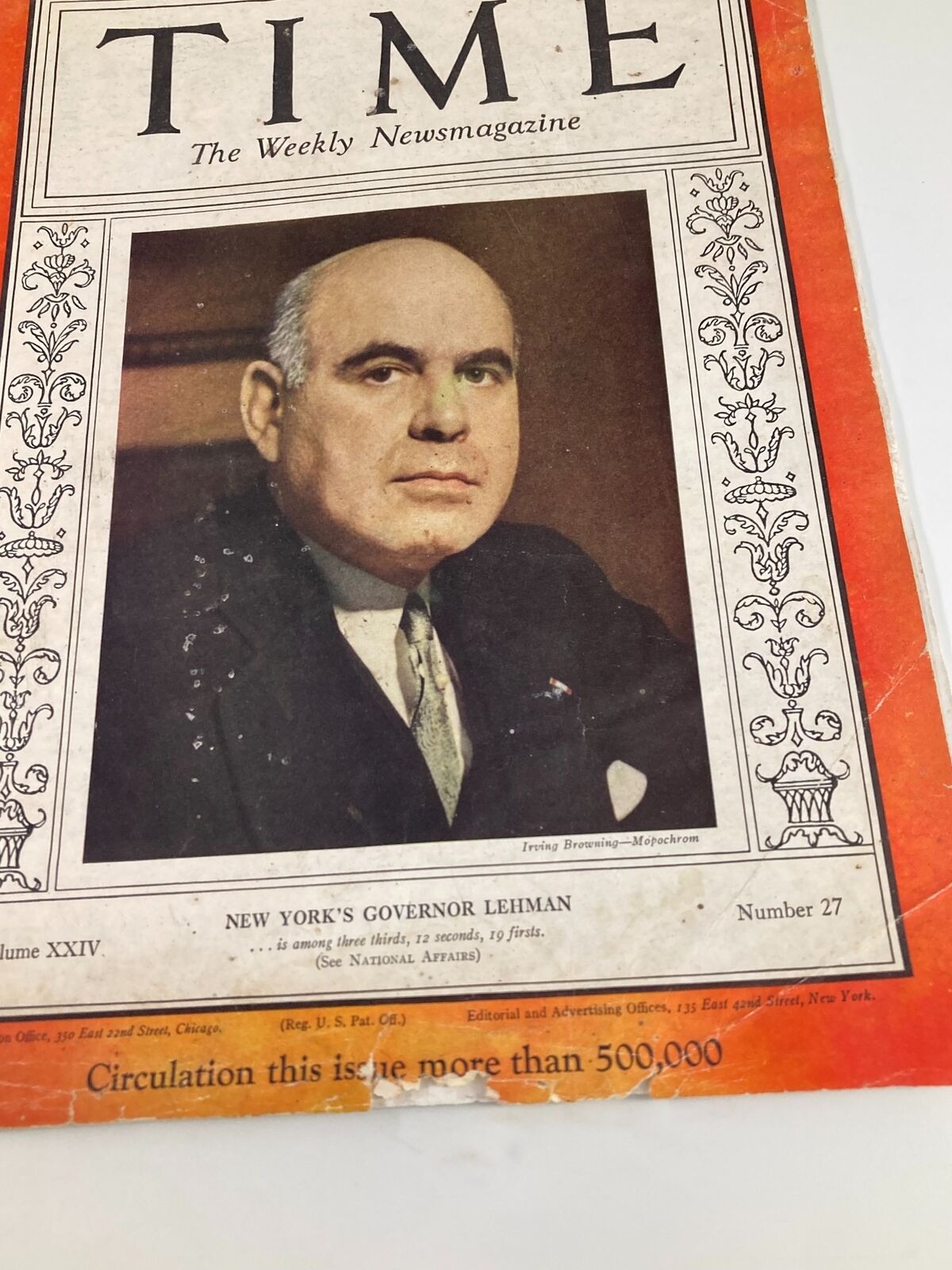 VTG Time Magazine December 31 1934 featuring New York's Governor Herbert H. Lehman on the cover, highlighting the political climate of the 1930s.