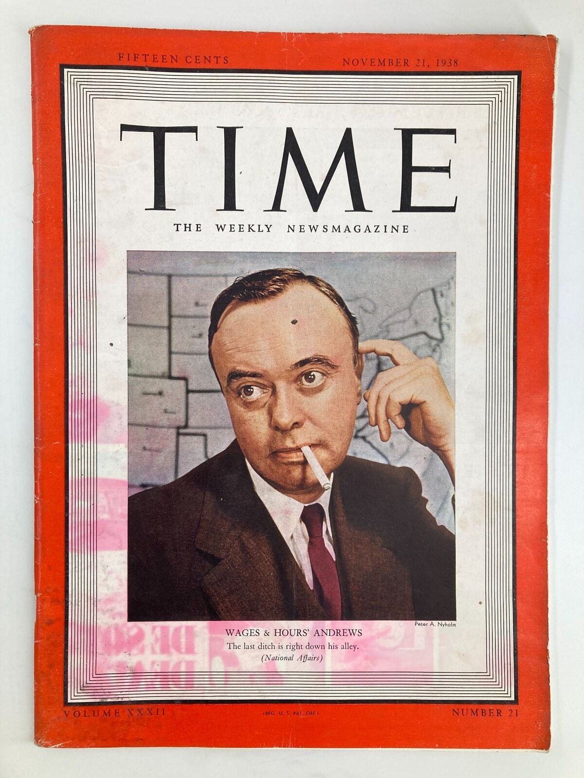 VTG Time Magazine November 21 1938 featuring the cover story 'Wages & Hours' by Andrews, showcasing a man in a suit with a cigarette, highlighting historical discussions on labor rights.