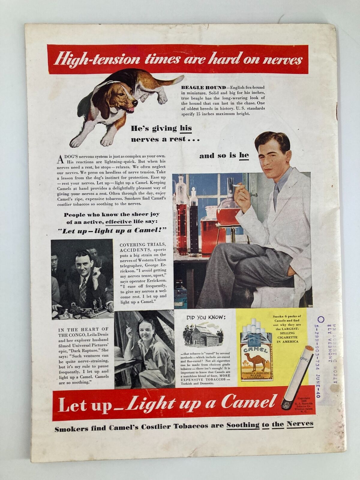Back cover of VTG Time Magazine from November 21, 1938, displaying an advertisement for Camel cigarettes highlighting relaxation during high tension times.