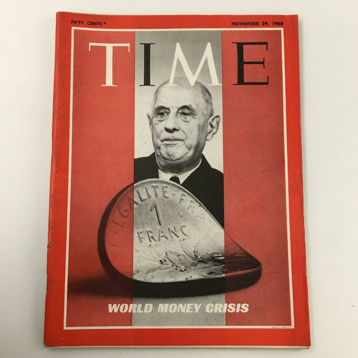 VTG Time Magazine November 29, 1968 World Money Crisis cover featuring a prominent figure and a 1 Franc coin, showcasing the historical significance of the financial crisis.