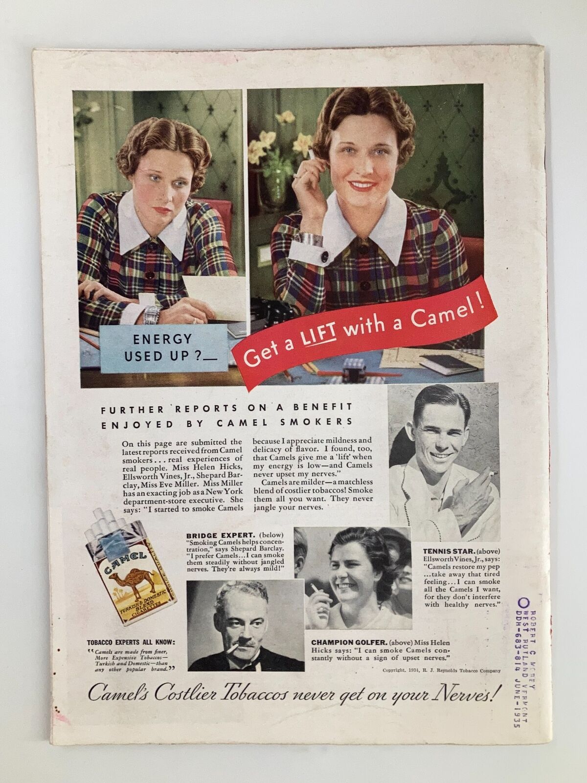 Back cover advertisement of a vintage Time Magazine from November 12, 1934, promoting Camel cigarettes with testimonials from smokers.