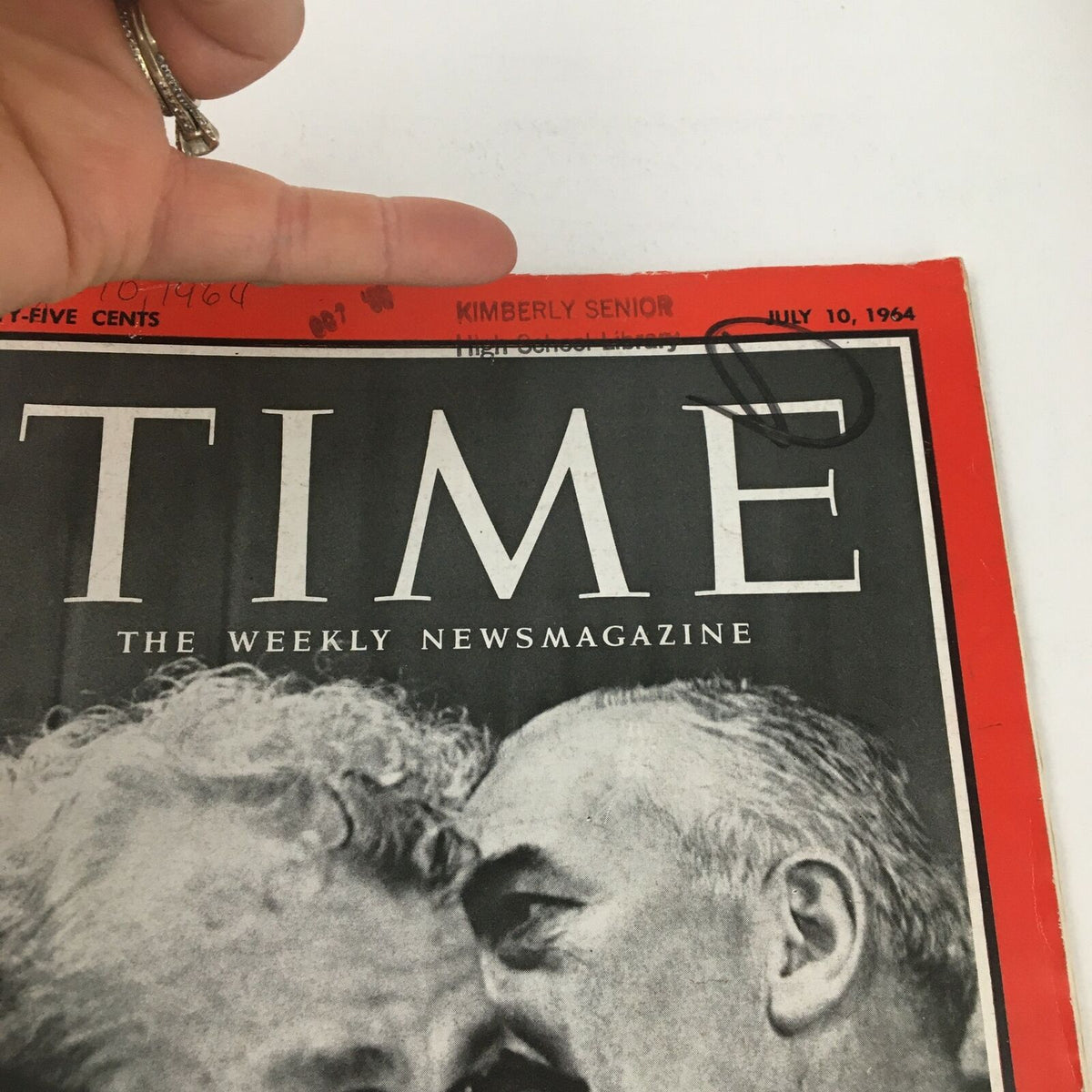 Close-up view of the Time Magazine cover from July 10, 1964, highlighting the date and library stamp, featuring Everett Dirksen and Barry Goldwater.