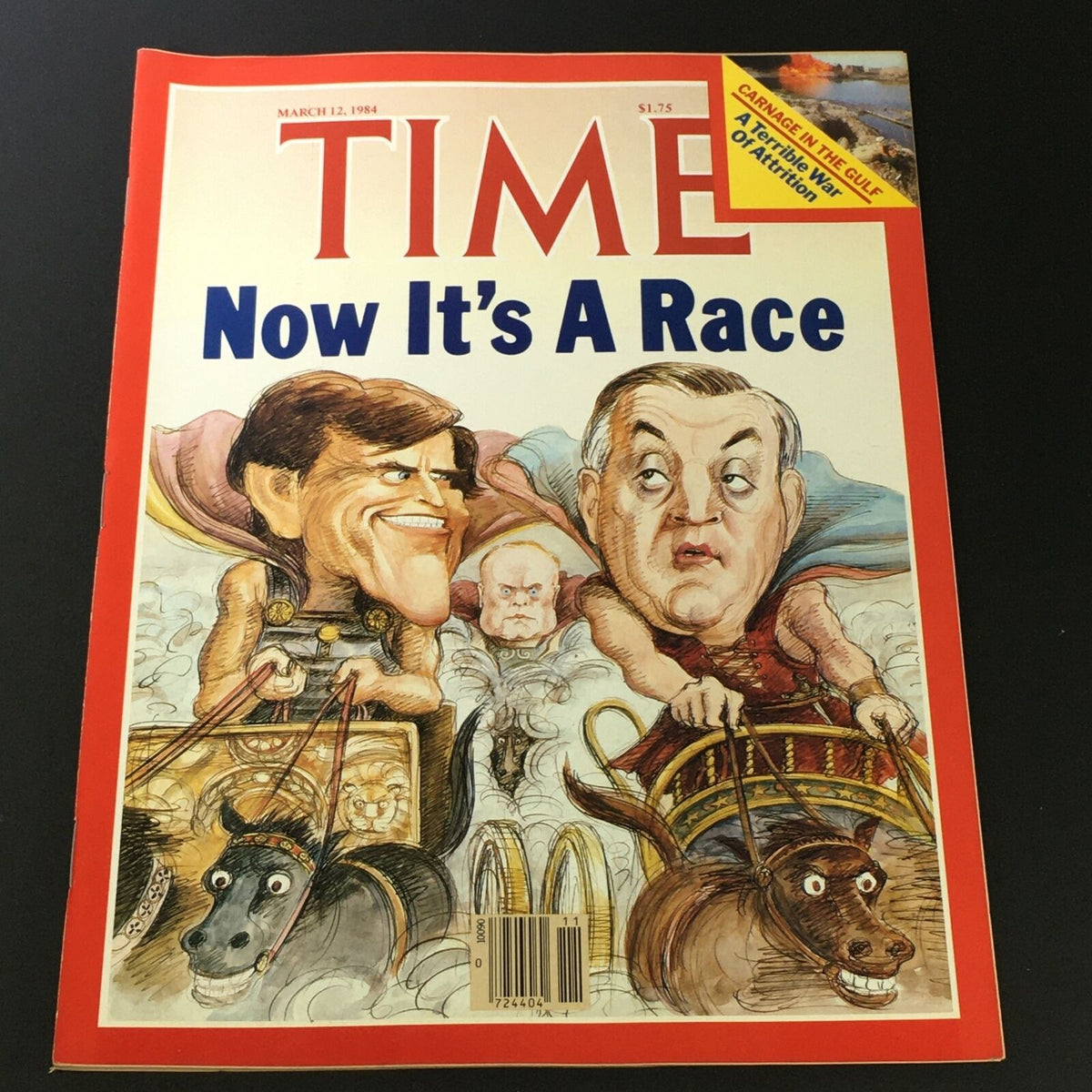 VTG Time Magazine March 12 1984 cover featuring a political cartoon depicting Walter Mondale and Gary Hart in a humorous race-themed illustration, highlighting a significant moment in American politics.