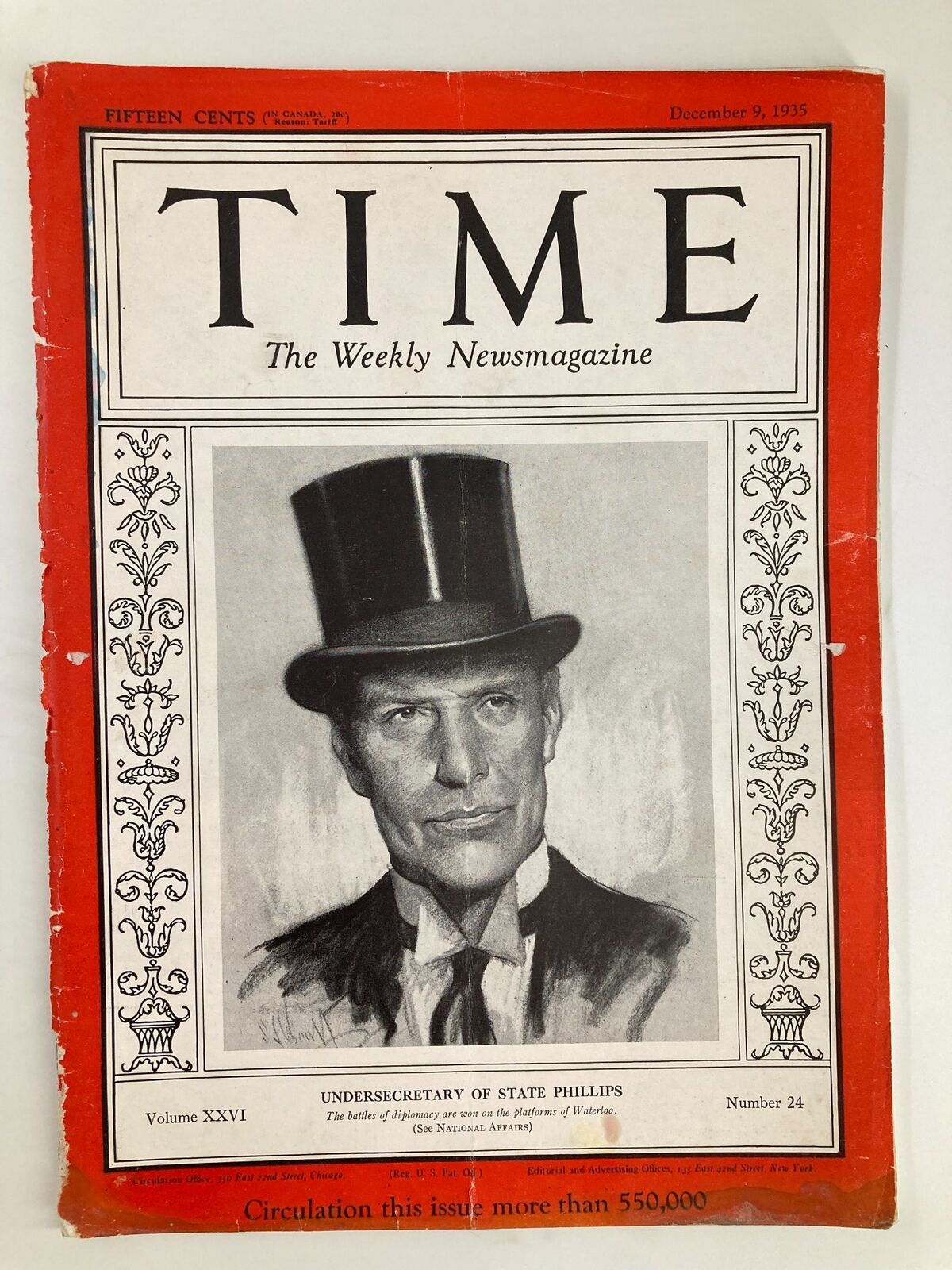Cover of VTG Time Magazine December 9, 1935, Vol 26 No. 24 featuring a portrait of Undersecretary of State William Phillips.