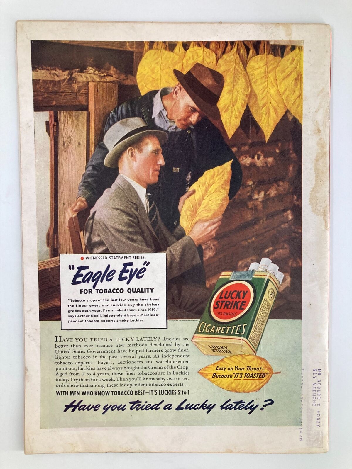Back cover of VTG Time Magazine July 10 1939 showcasing an advertisement for Lucky Strike cigarettes with two men examining tobacco leaves.