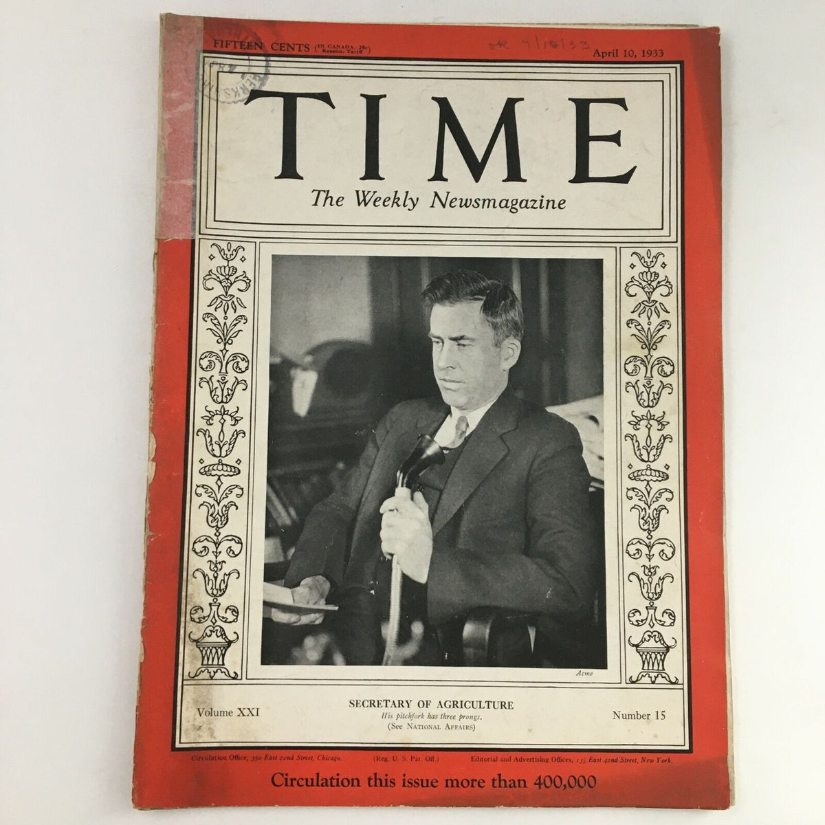 Time Magazine cover from April 10, 1933, featuring Secretary of Agriculture Henry A. Wallace. Volume 21, Issue 15, showcasing historical insights of the era.