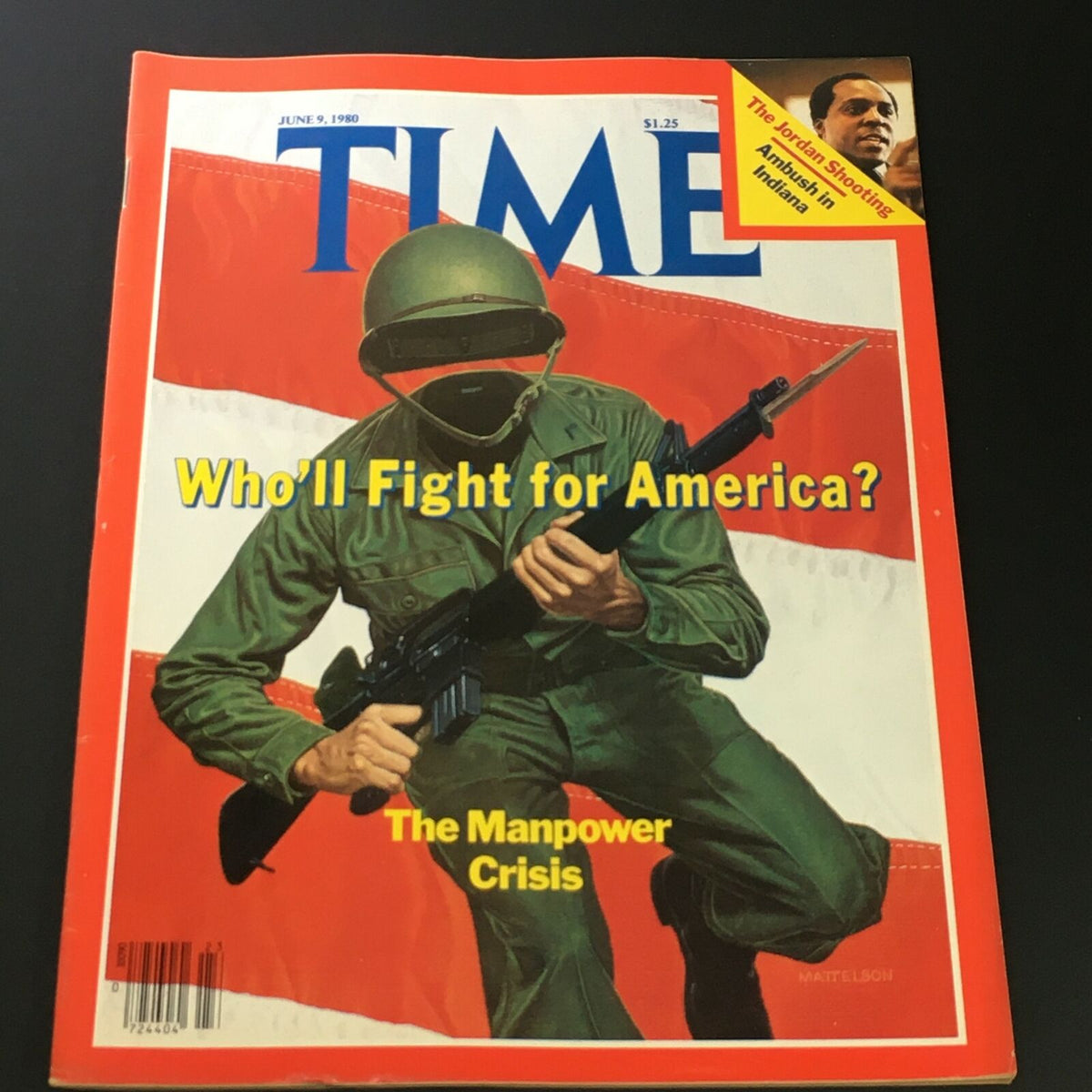 Cover of VTG Time Magazine June 9 1980 featuring a soldier in combat gear with the title 'Who'll Fight for America?' highlighting 'The Manpower Crisis' and the Jordan shooting.