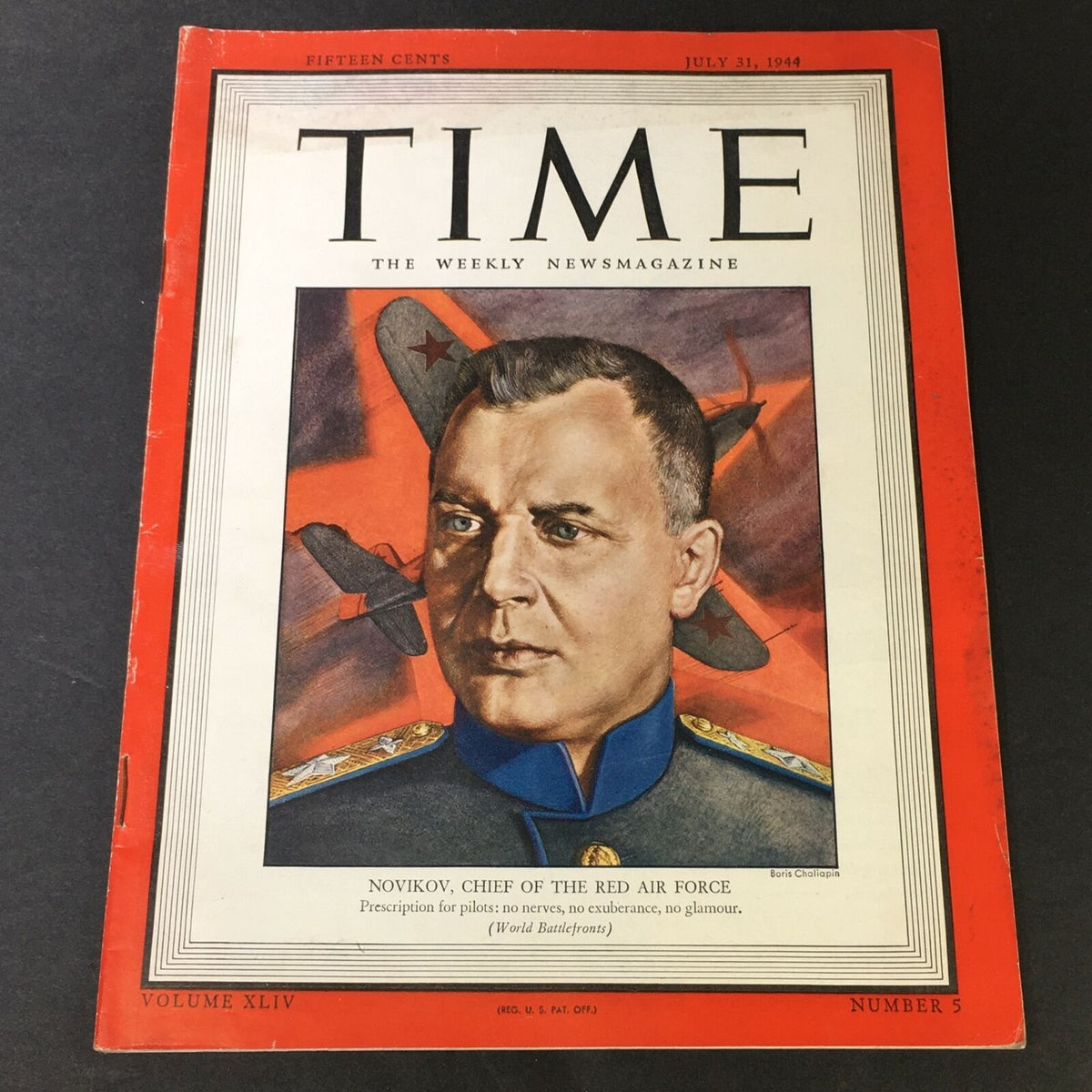 VTG Time Magazine Cover - Chief of Red Force Alexander Novikov, Volume 44 Number 5, July 31, 1944. Detailed image focusing on the cover art featuring Novikov against a backdrop of planes.