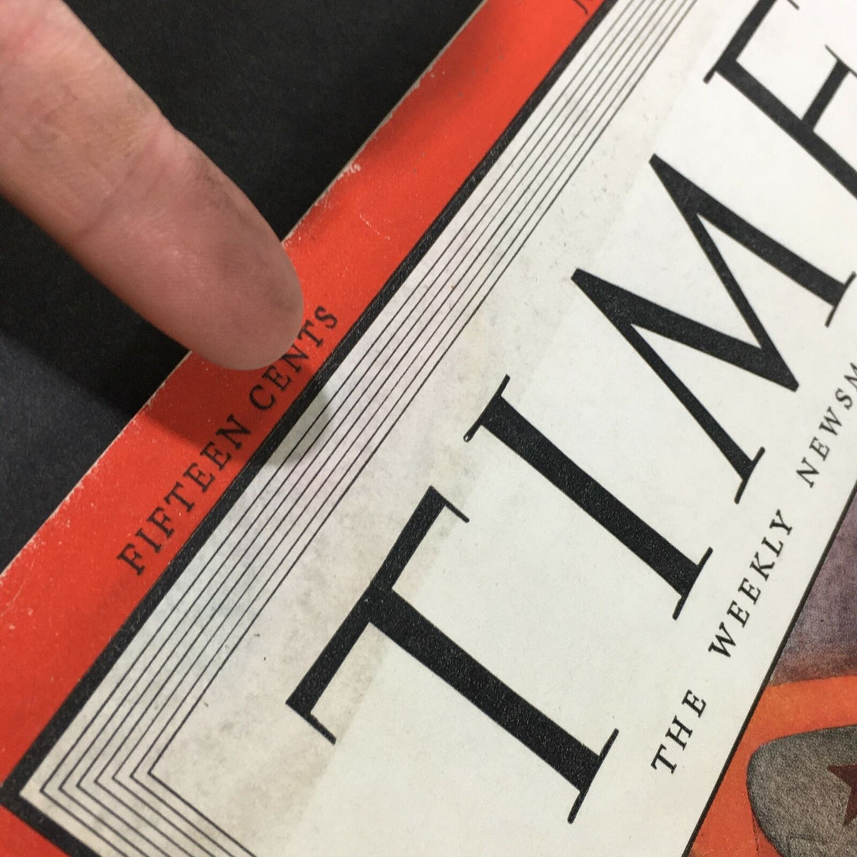 Detail shot of VTG Time Magazine top border indicating price as 'Fifteen Cents', July 31, 1944, Volume 44 Number 5, highlighting vintage publication pricing conventions.