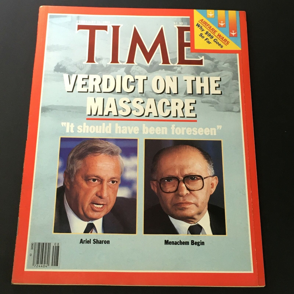 Vintage Time Magazine February 21 1983 cover featuring Ariel Sharon and Menachem Begin with the title "Verdict on the Massacre". A historical piece showcasing significant political figures in Israeli history.